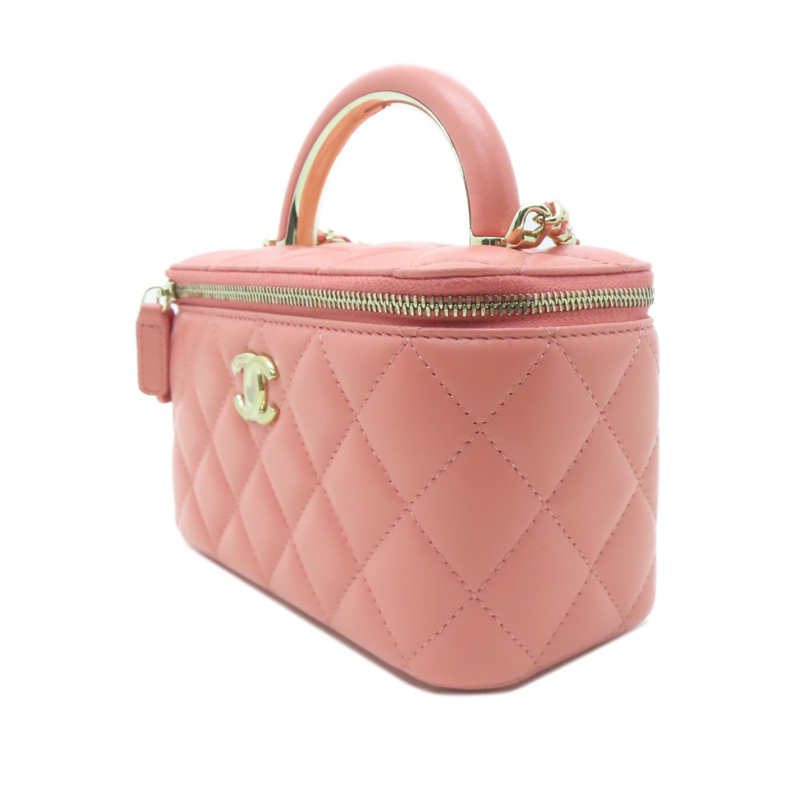 CHANEL 【激減優惠】菱格羊皮皮革Handle Vanity Case金扣手挽肩背兩用袋粉紅色