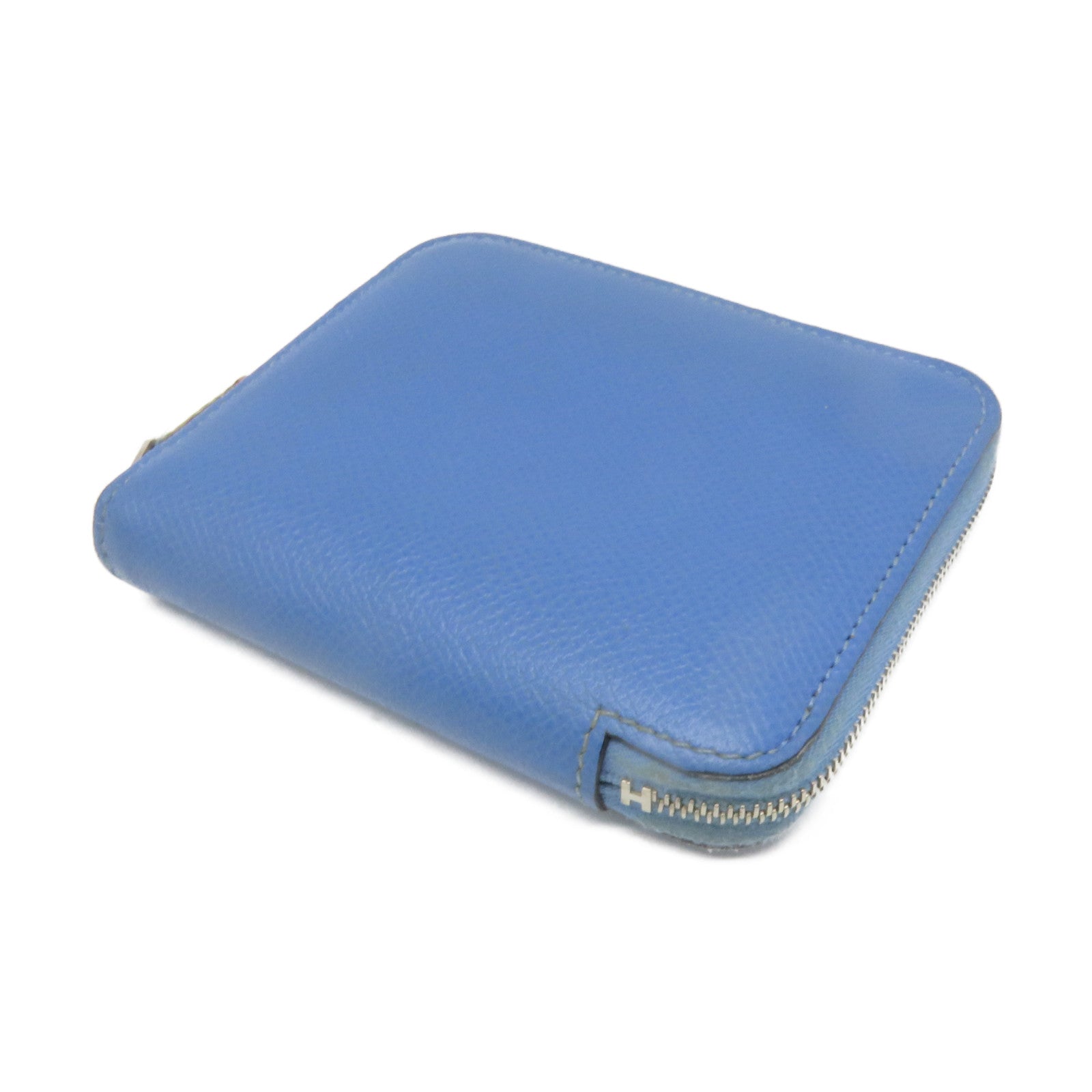 HERMES Epsom皮革Silk'in Compact Wallet银扣短钱包Blue Paradice蓝色