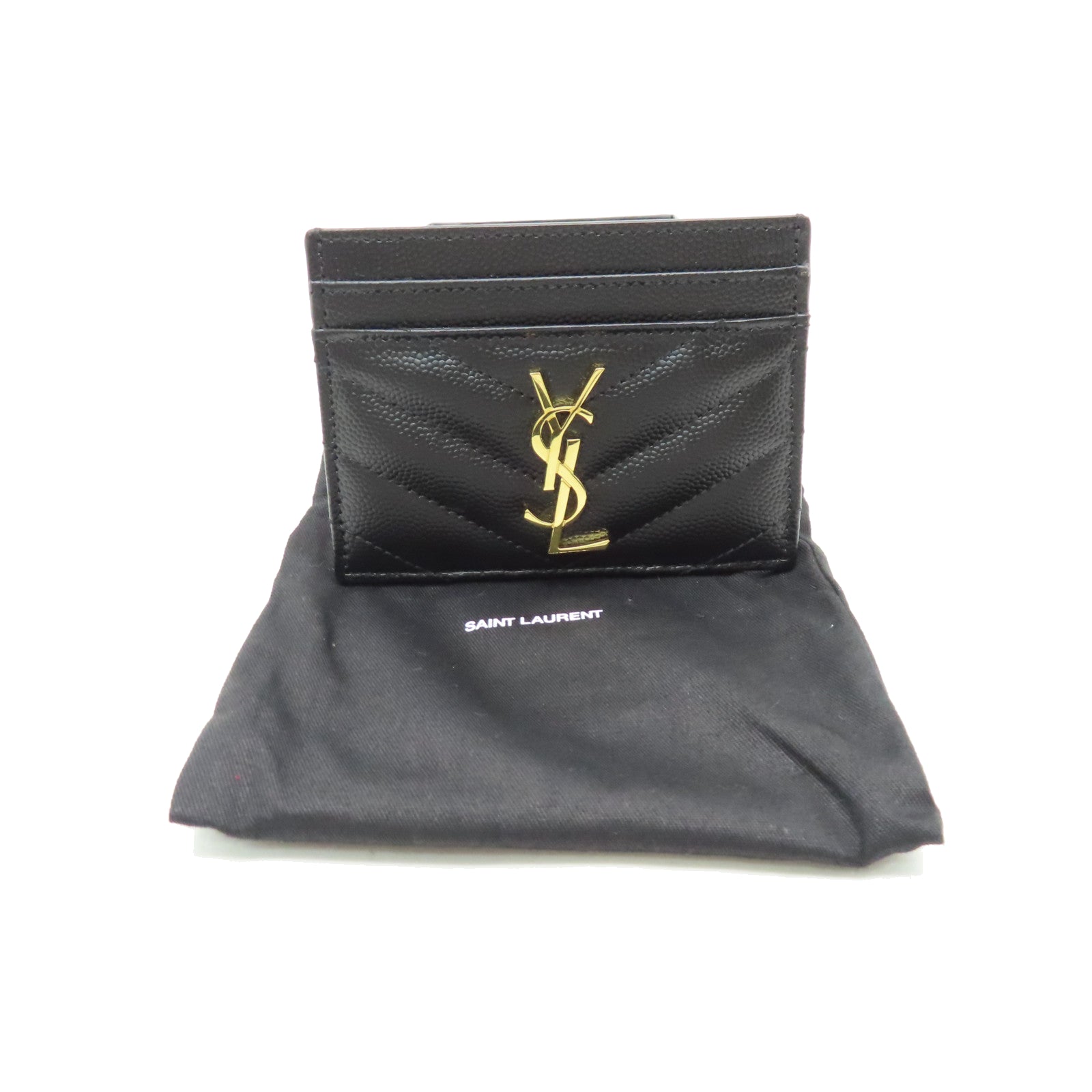 YVES SAINT LAURENT Twill Calfskin Leather Card Case Gold Card Case Black