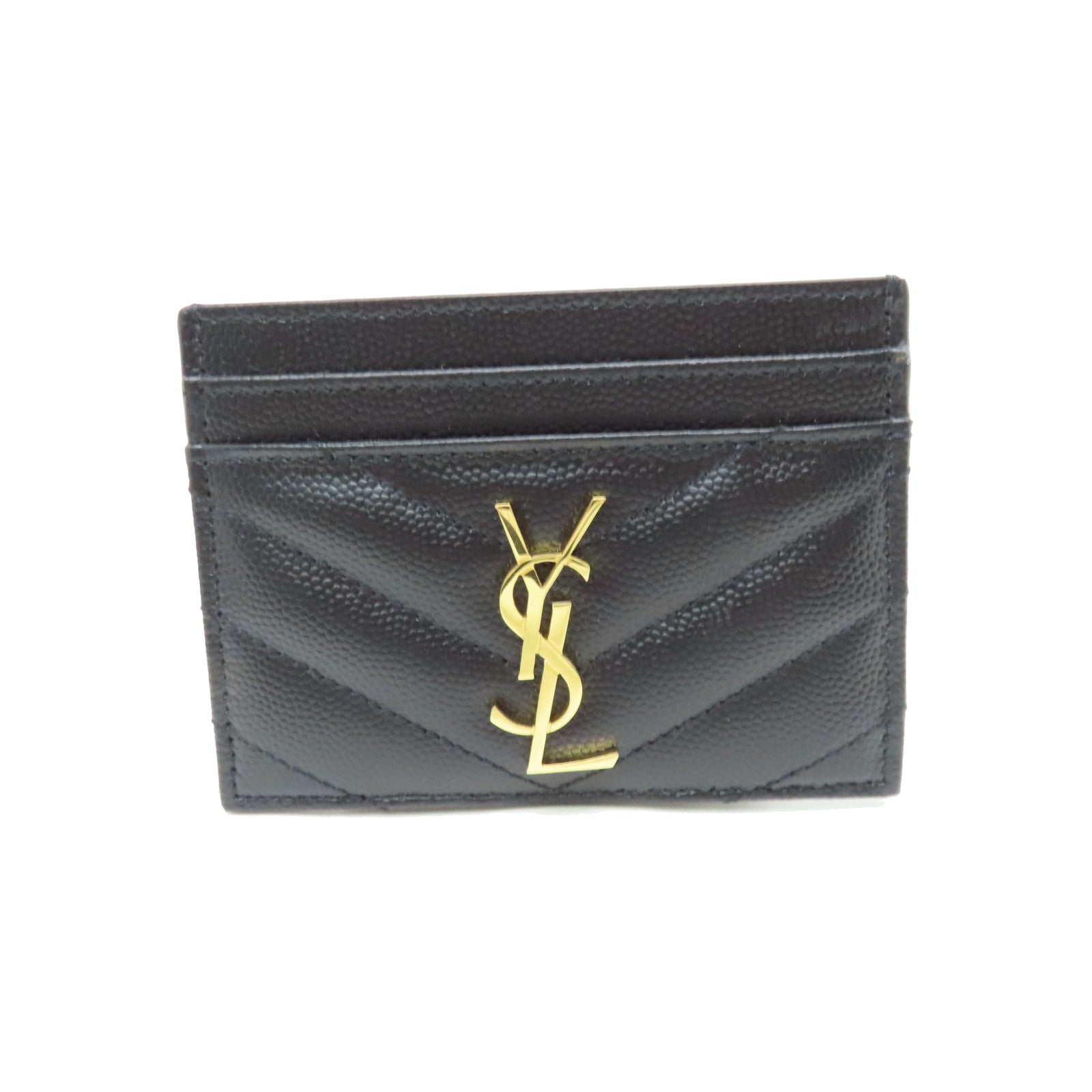 YVES SAINT LAURENT Twill Calfskin Leather Card Case Gold Card Case Black
