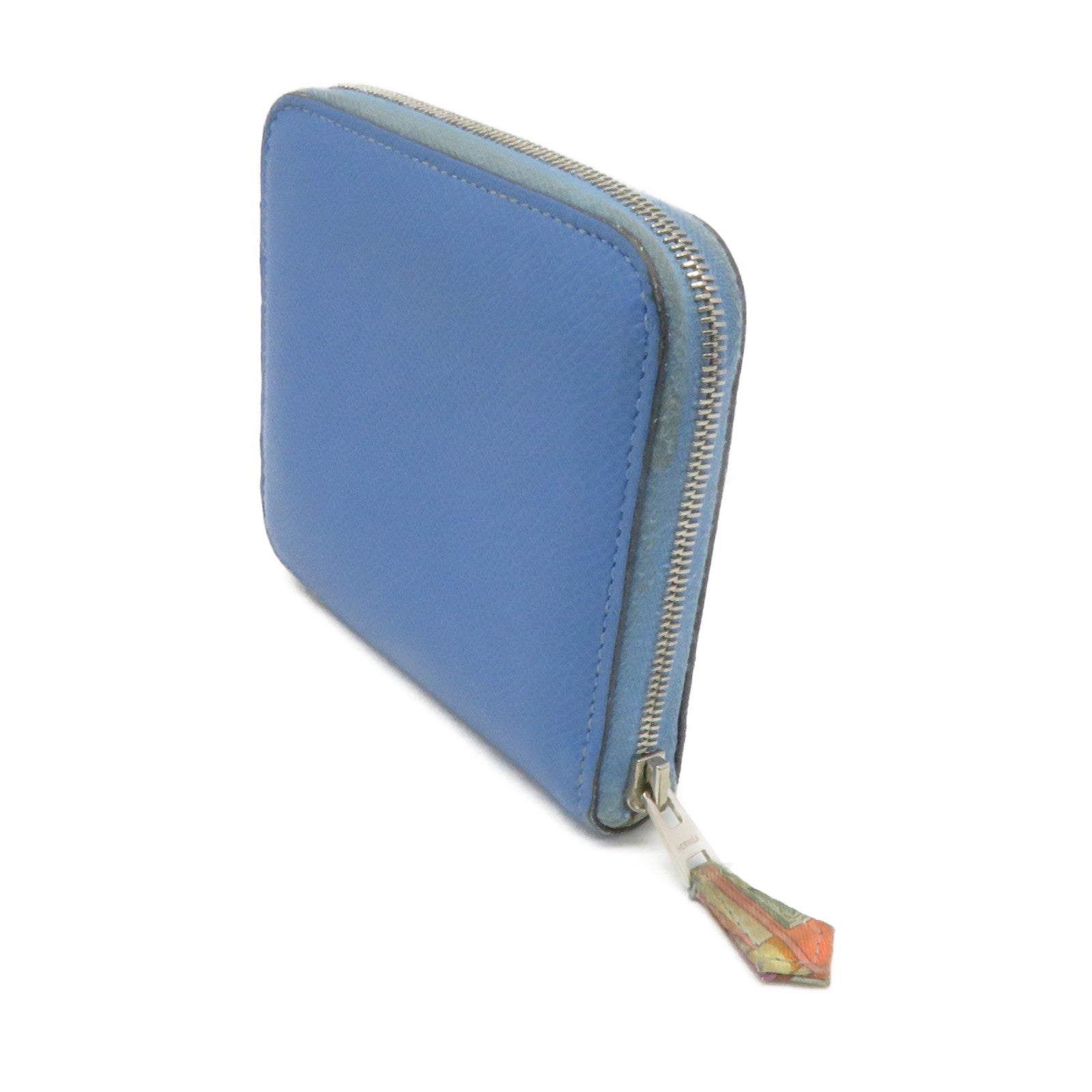 HERMES Epsom皮革Silk'in Compact Wallet银扣短钱包Blue Paradice蓝色