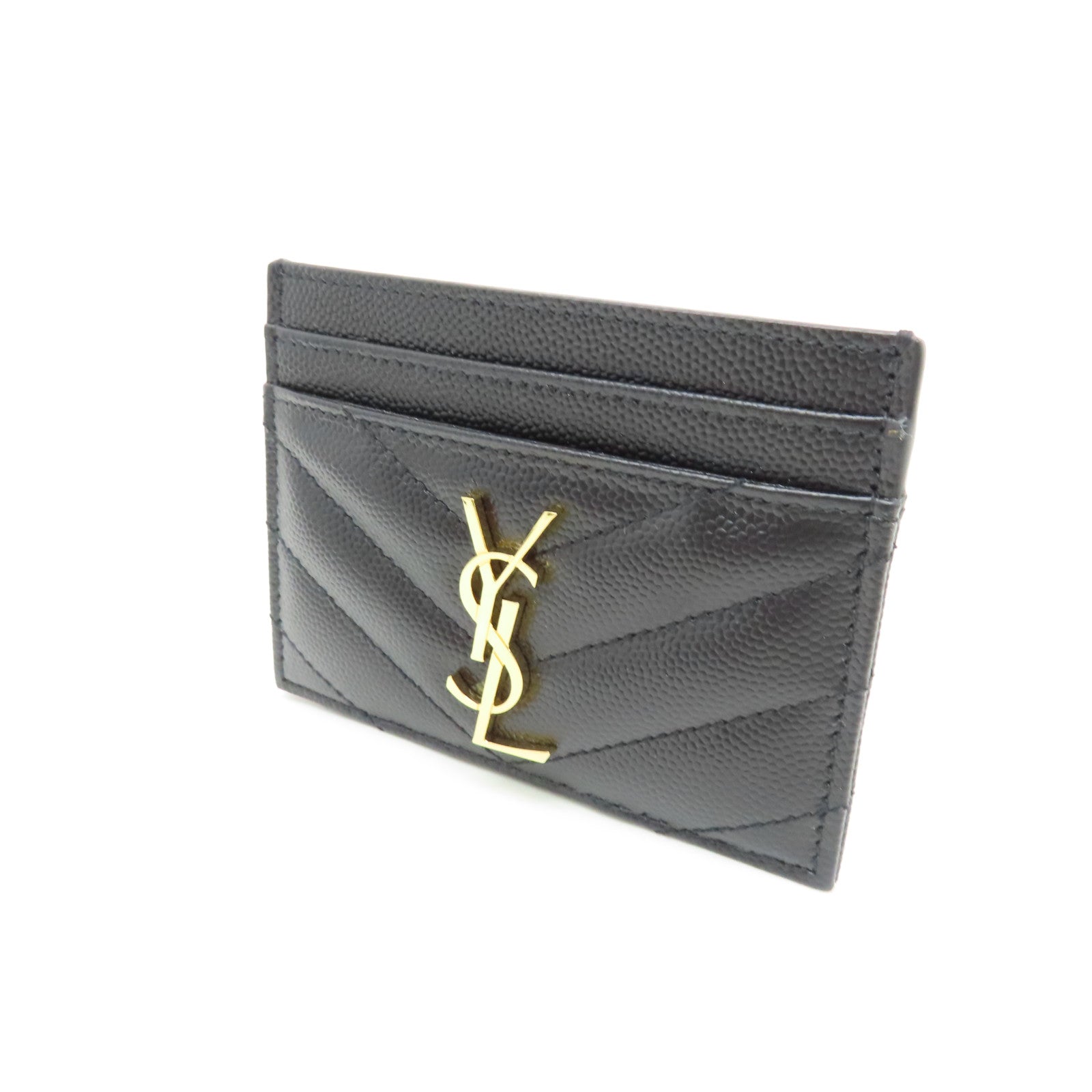 YVES SAINT LAURENT Twill Calfskin Leather Card Case Gold Card Case Black