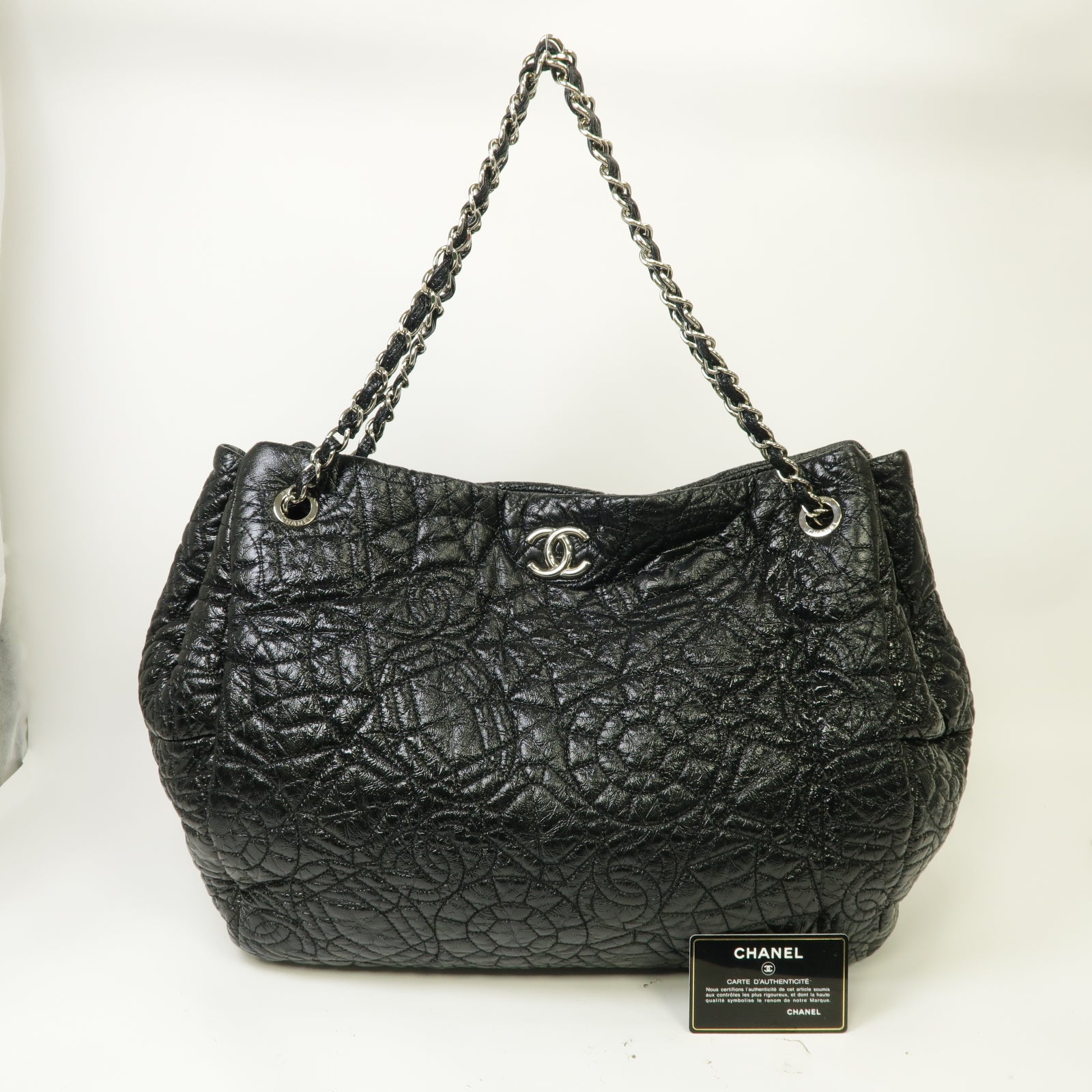CHANEL 漆皮皮革Chain Shoulder Bag銀扣鏈帶肩背袋黒色