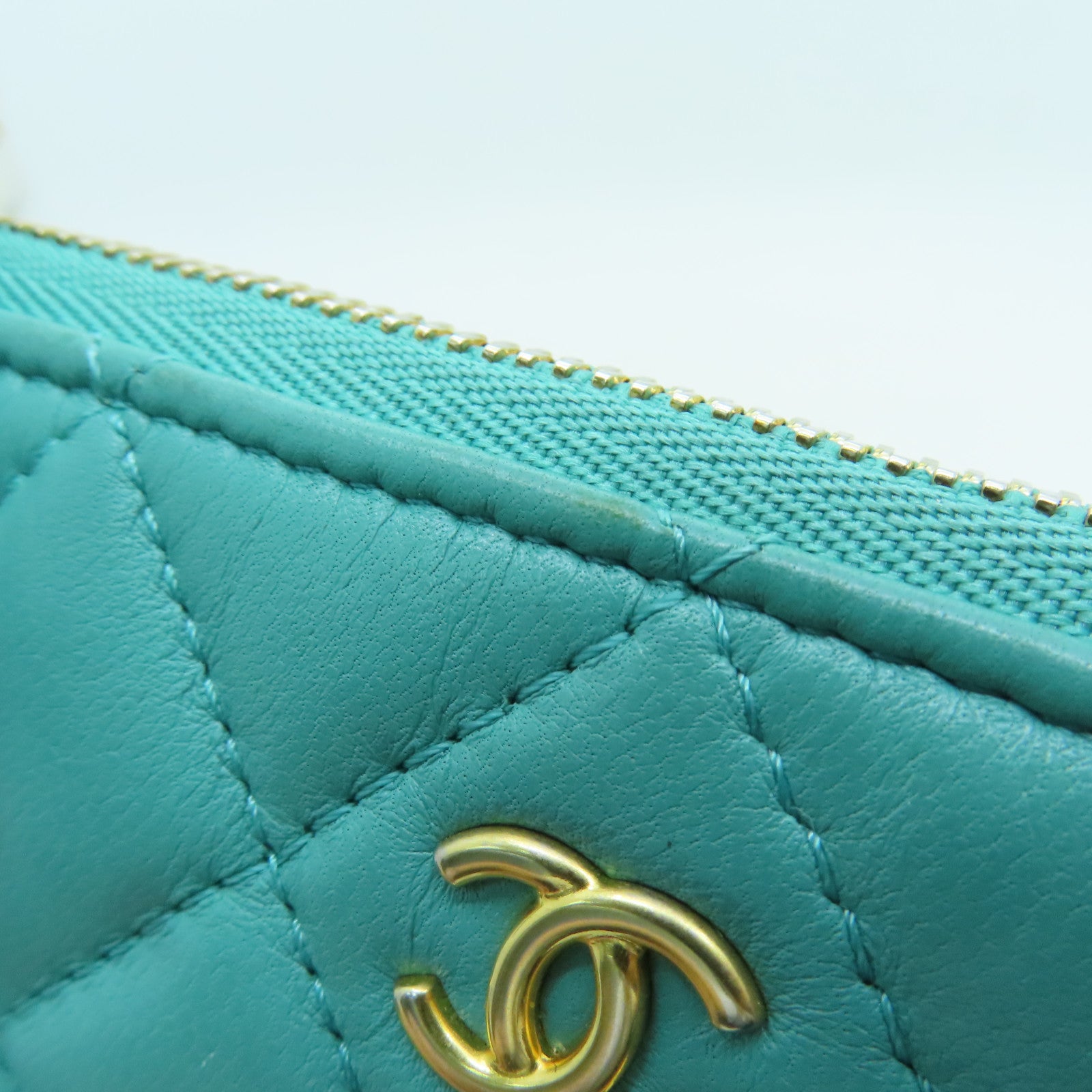 CHANEL 【激減優惠】菱格羊皮皮革Card Case金扣卡片套綠色