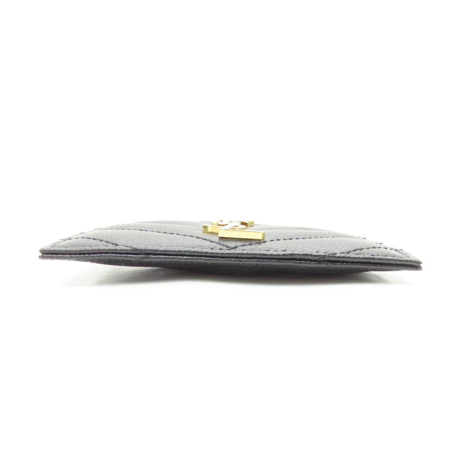 YVES SAINT LAURENT Twill Calfskin Leather Card Case Gold Card Case Black