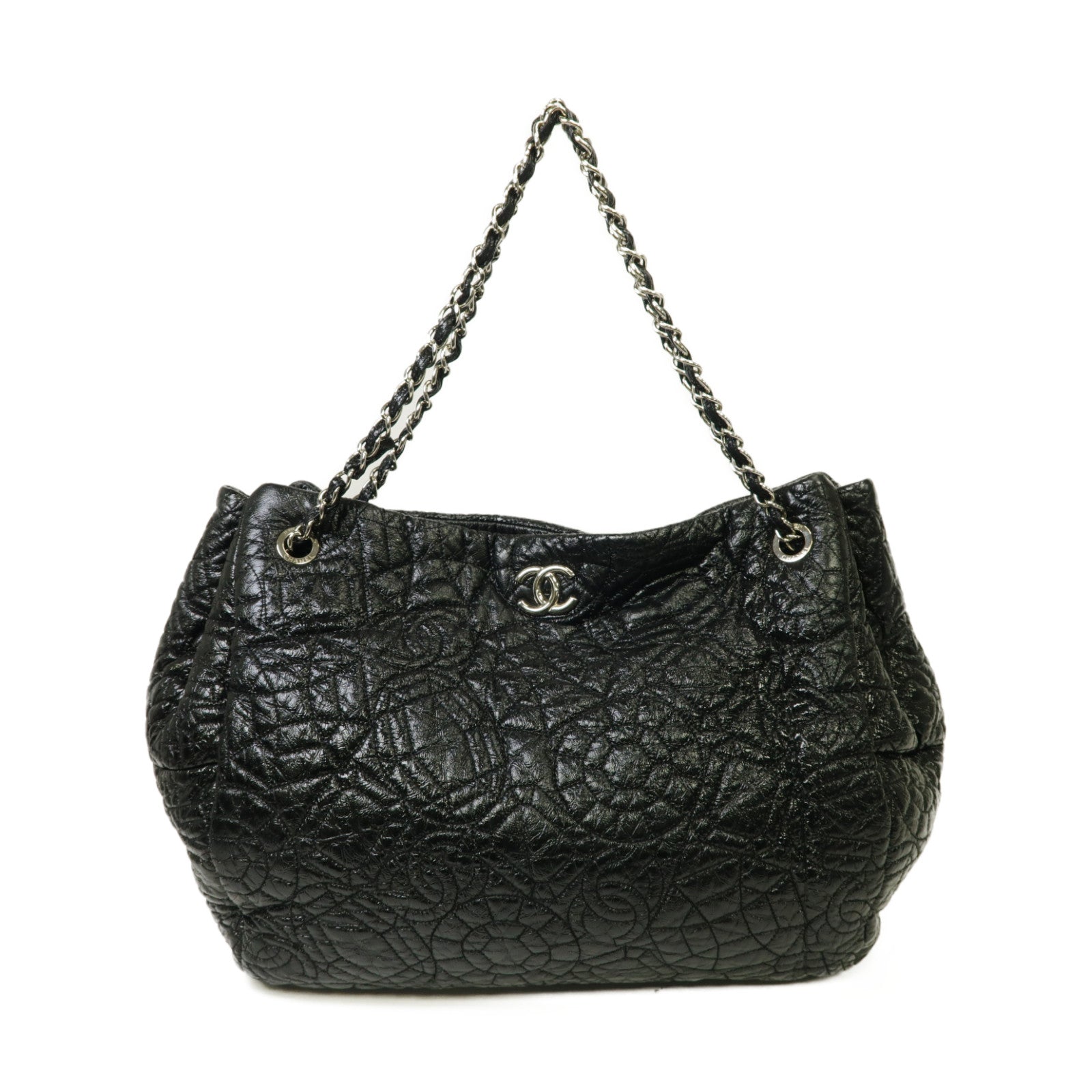 CHANEL 漆皮皮革Chain Shoulder Bag銀扣鏈帶肩背袋黒色