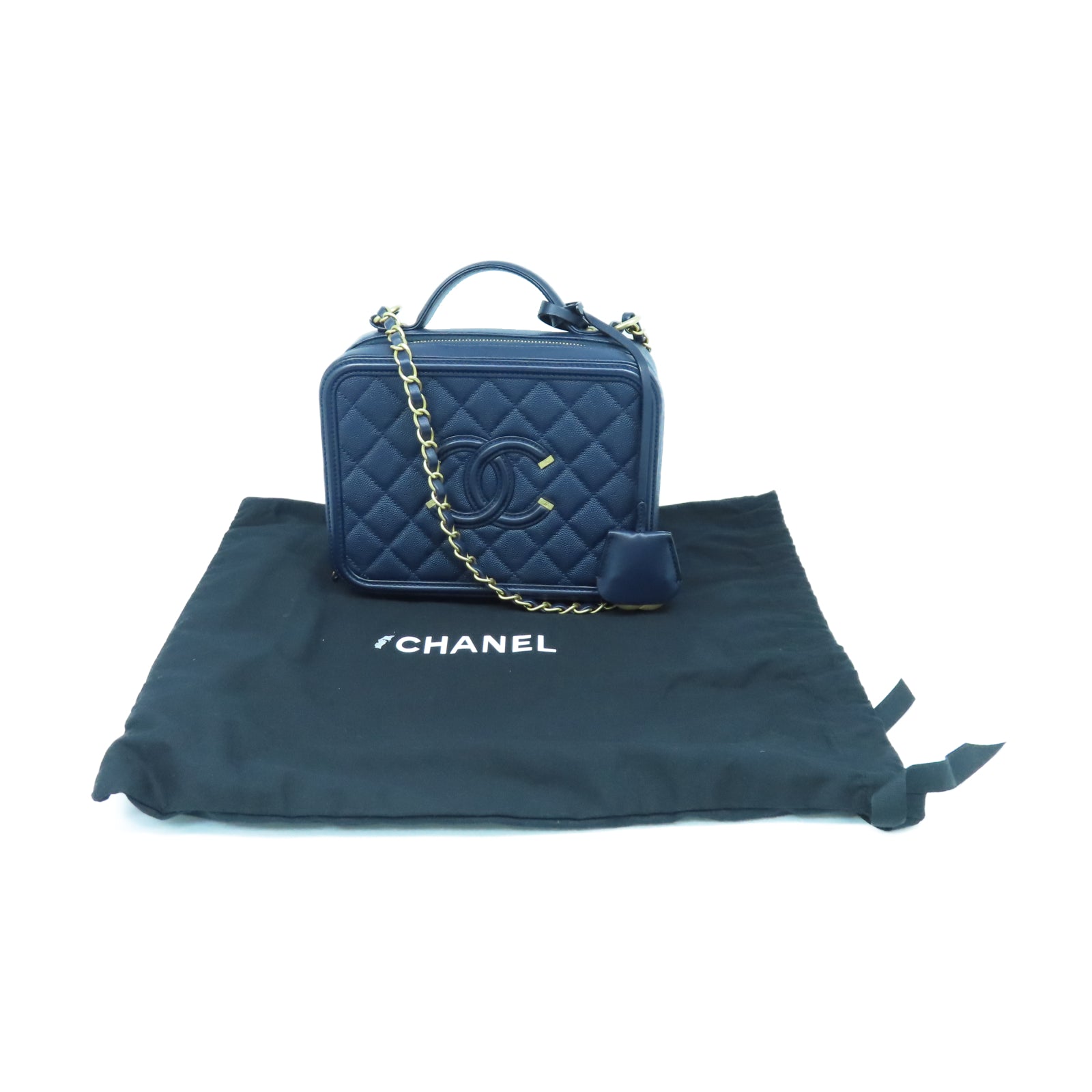 CHANEL 菱格牛皮皮革Vanity金扣鏈帶手挽肩背兩用袋海軍藍色