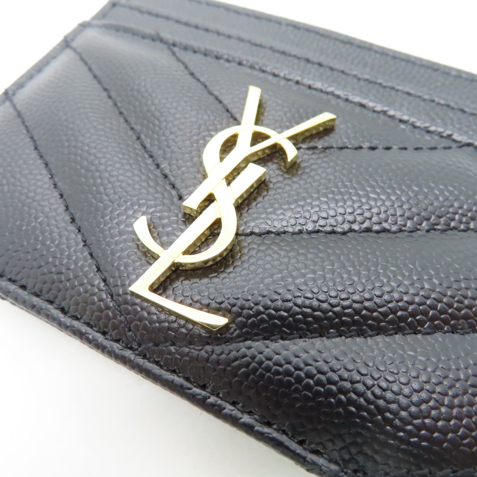 YVES SAINT LAURENT Twill Calfskin Leather Card Case Gold Card Case Black