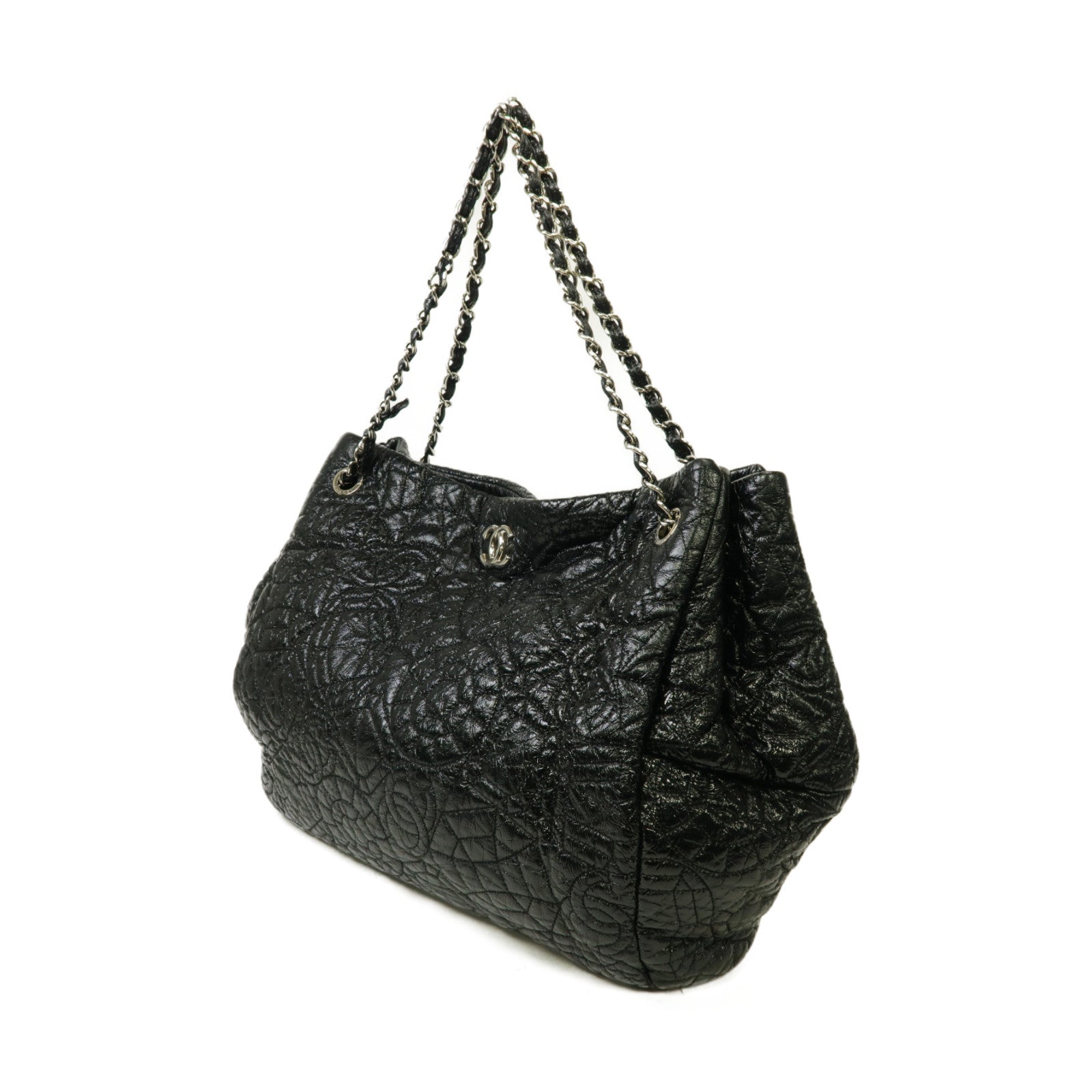 CHANEL 漆皮皮革Chain Shoulder Bag銀扣鏈帶肩背袋黒色