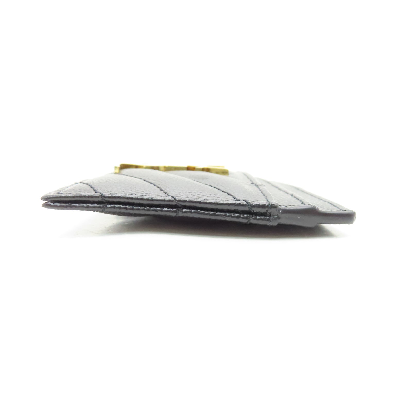 YVES SAINT LAURENT Twill Calfskin Leather Card Case Gold Card Case Black