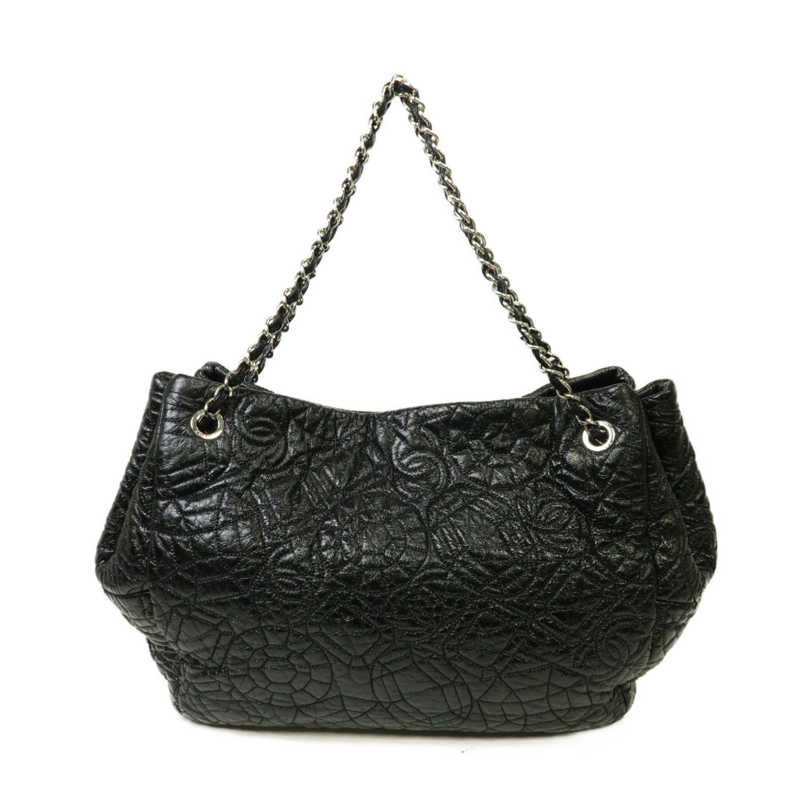 CHANEL 漆皮皮革Chain Shoulder Bag銀扣鏈帶肩背袋黒色