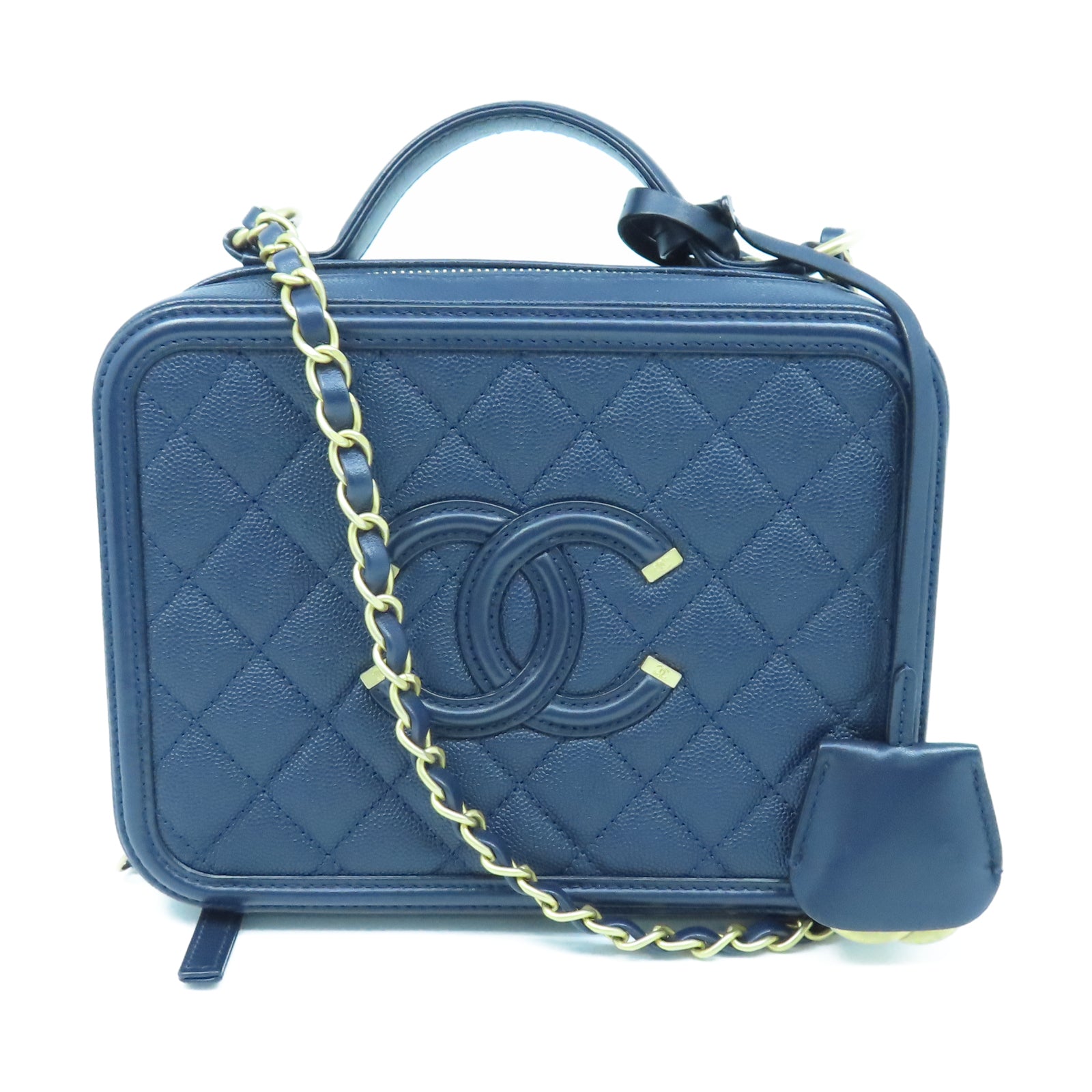CHANEL 菱格牛皮皮革Vanity金扣鏈帶手挽肩背兩用袋海軍藍色