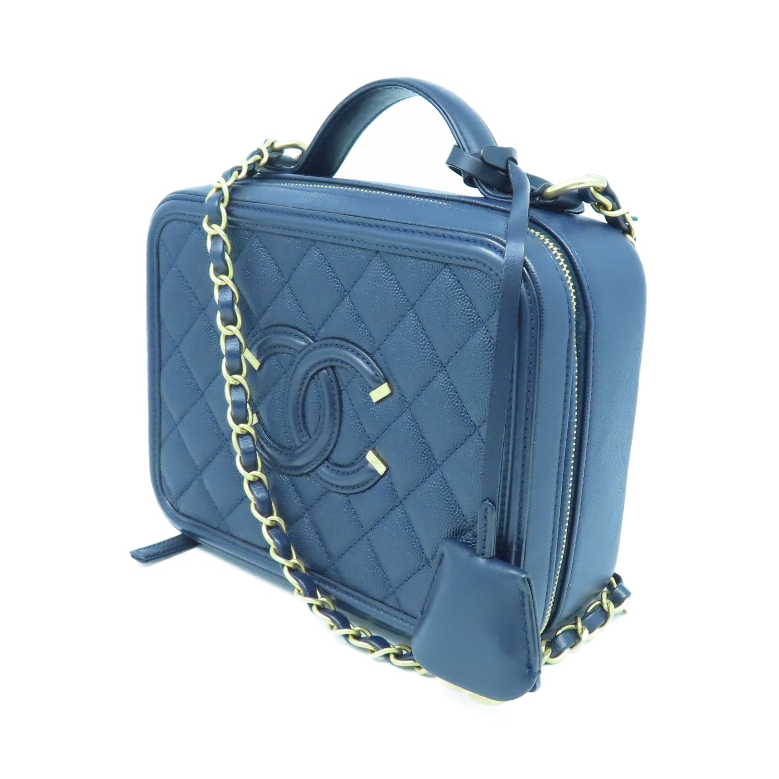 CHANEL 菱格牛皮皮革Vanity金扣鏈帶手挽肩背兩用袋海軍藍色