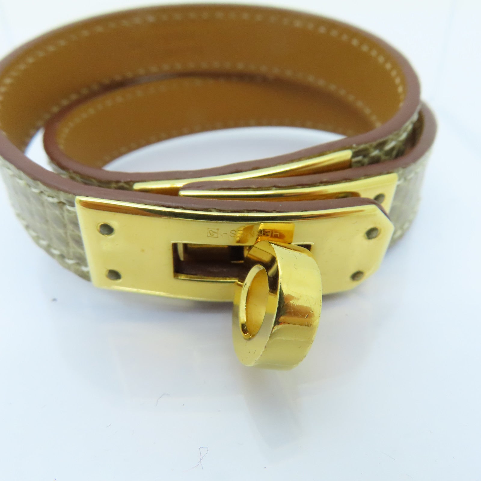 HERMES 蜥蝪皮革Kelly Double Tour金扣手鐲灰色