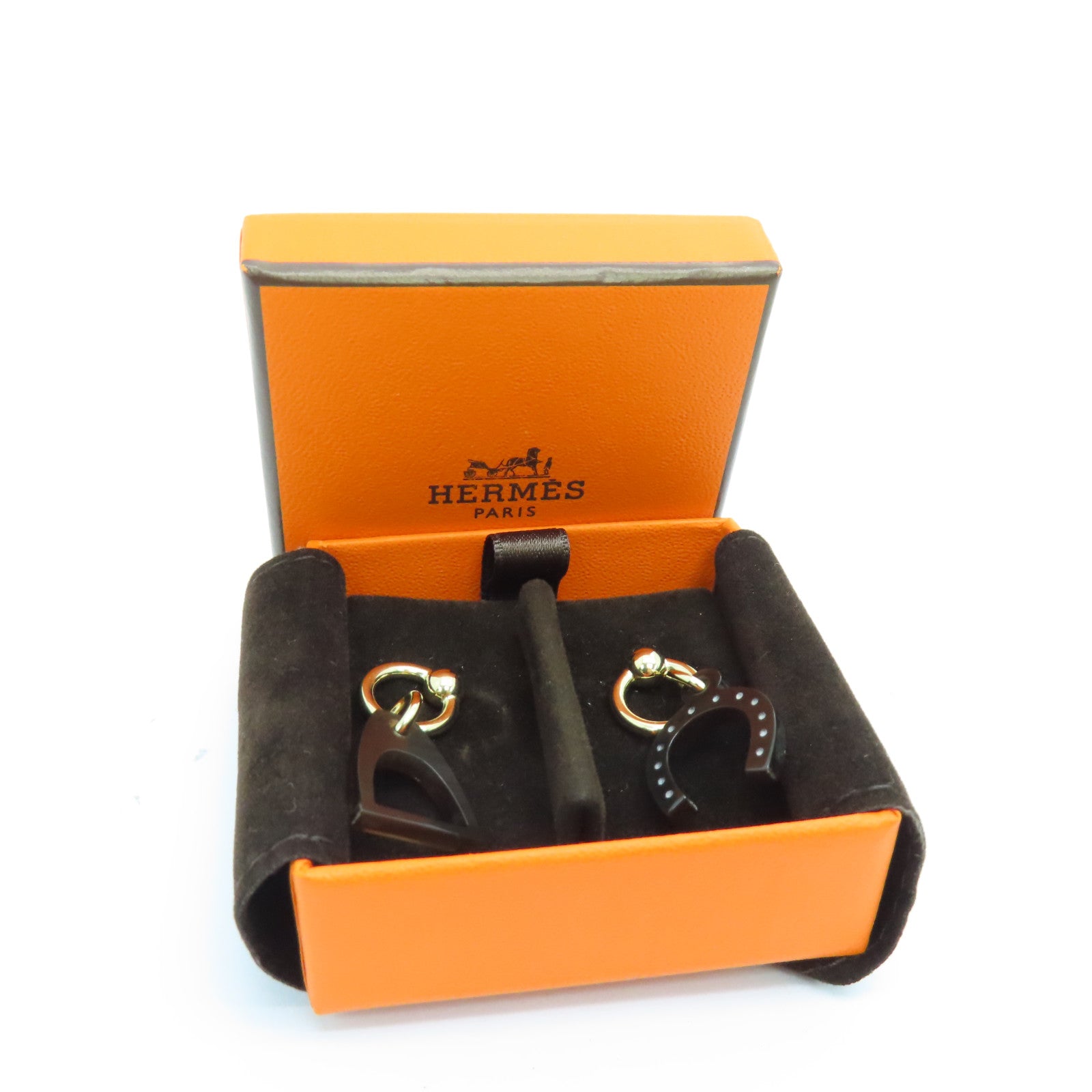 HERMES 水牛角Earrings金扣耳環啡色/黑色