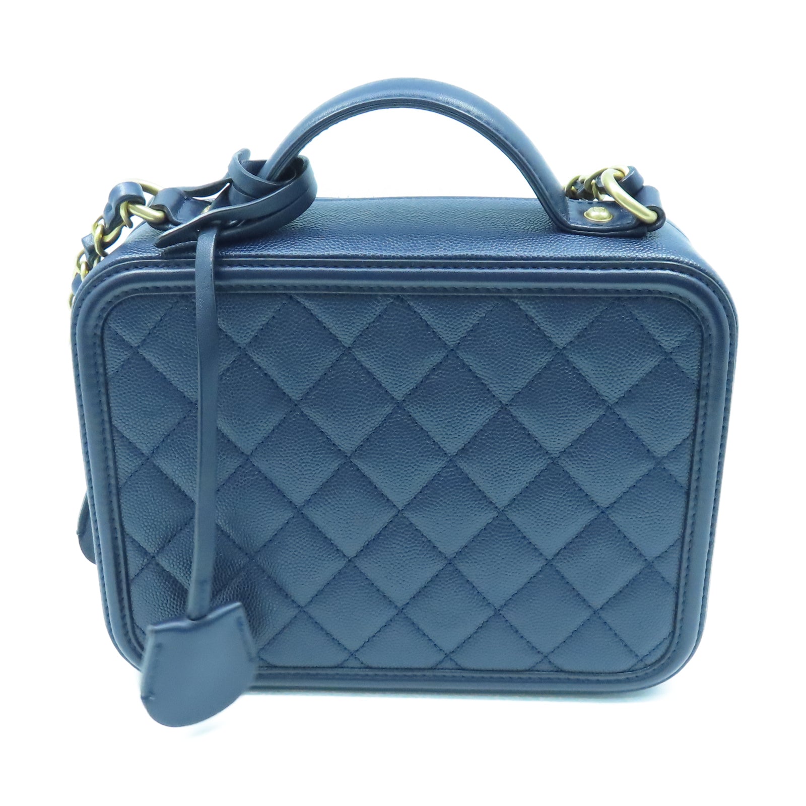 CHANEL 菱格牛皮皮革Vanity金扣鏈帶手挽肩背兩用袋海軍藍色