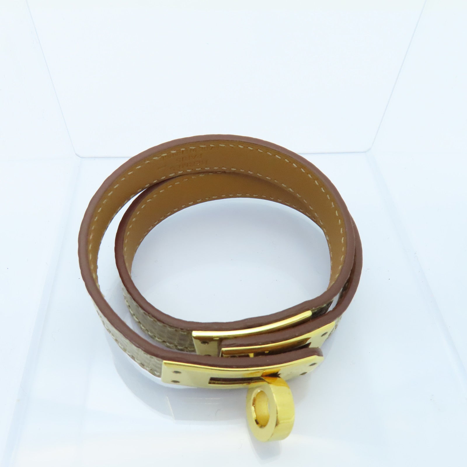 HERMES 蜥蝪皮革Kelly Double Tour金扣手鐲灰色