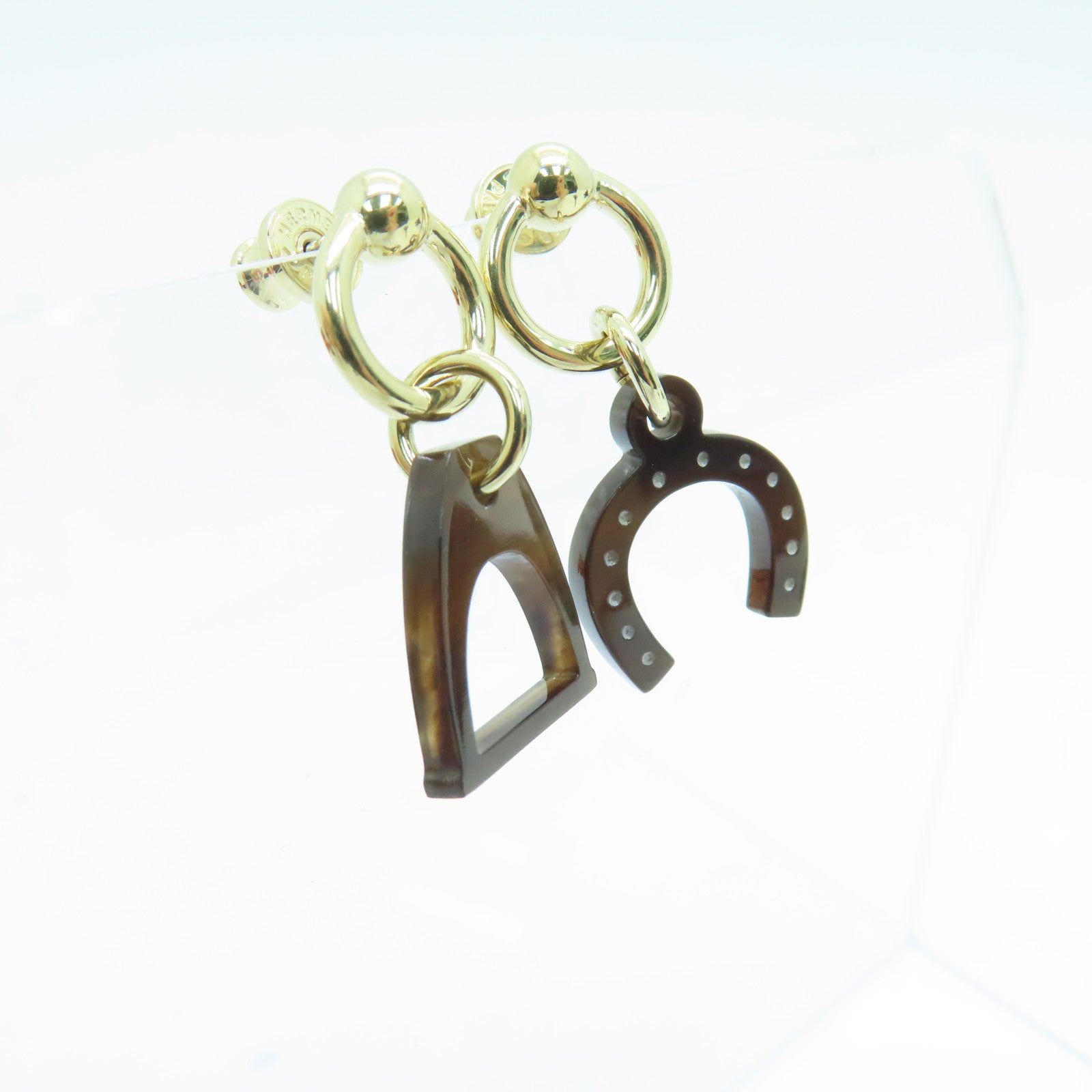 HERMES 水牛角Earrings金扣耳環啡色/黑色