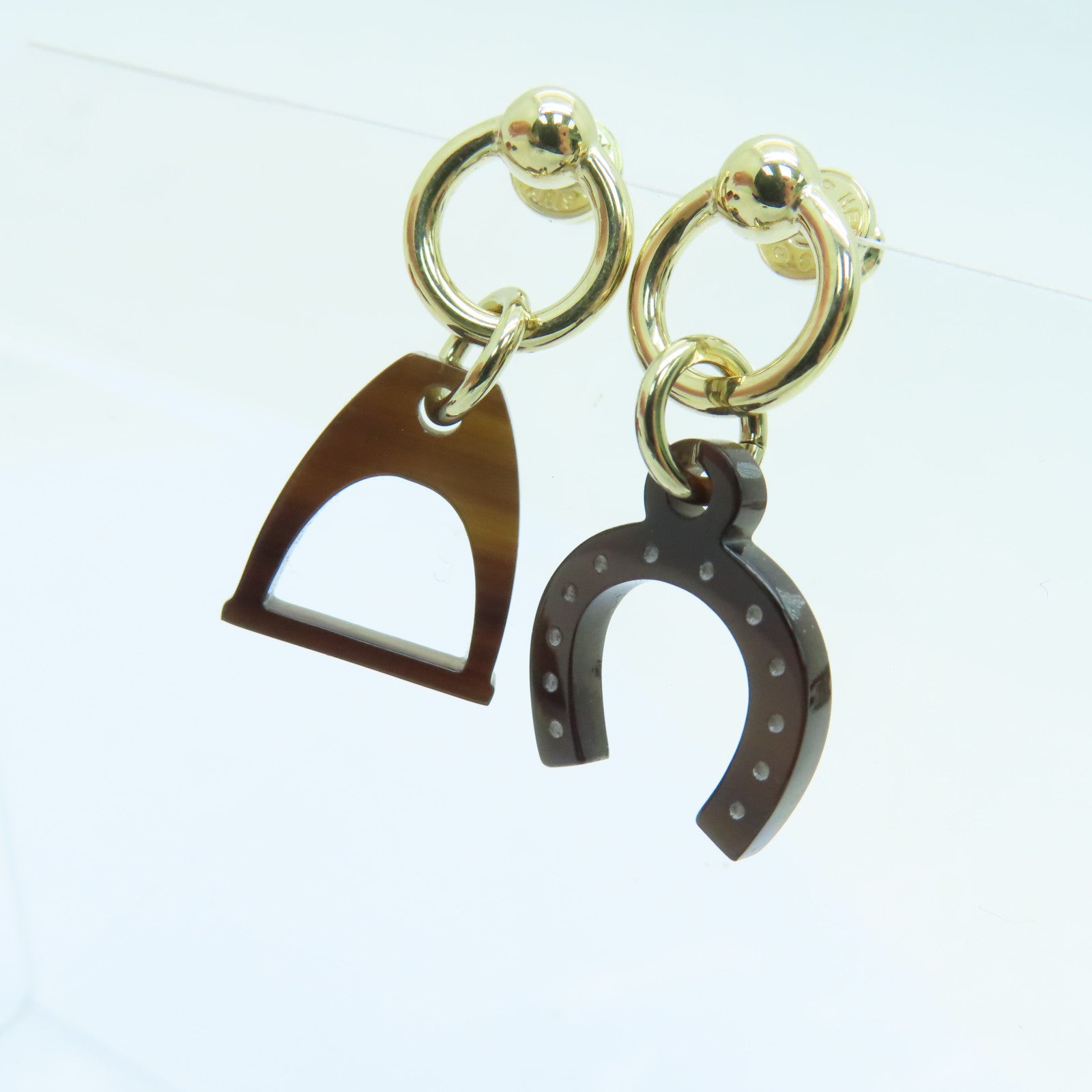 HERMES 水牛角Earrings金扣耳環啡色/黑色