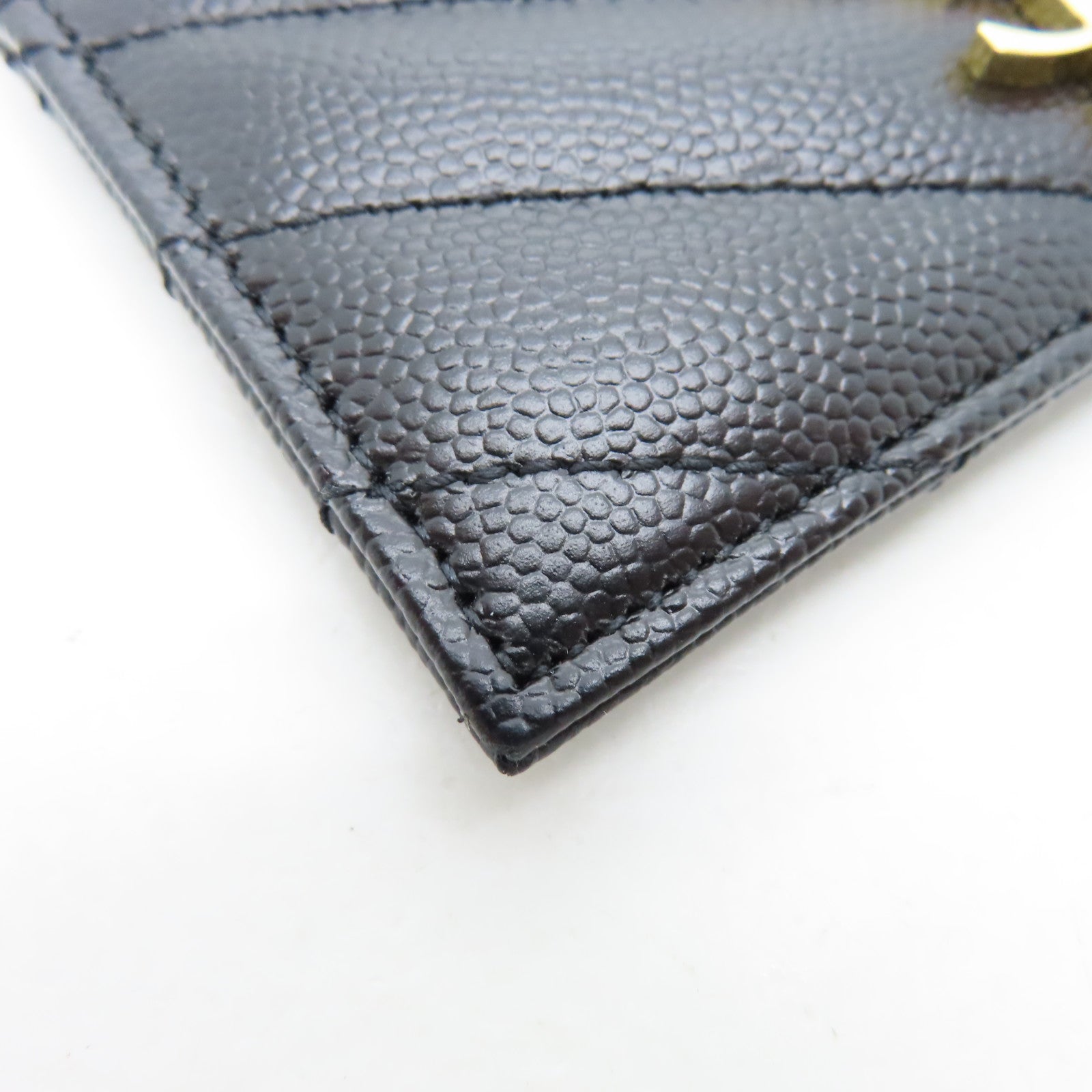 YVES SAINT LAURENT Twill Calfskin Leather Card Case Gold Card Case Black