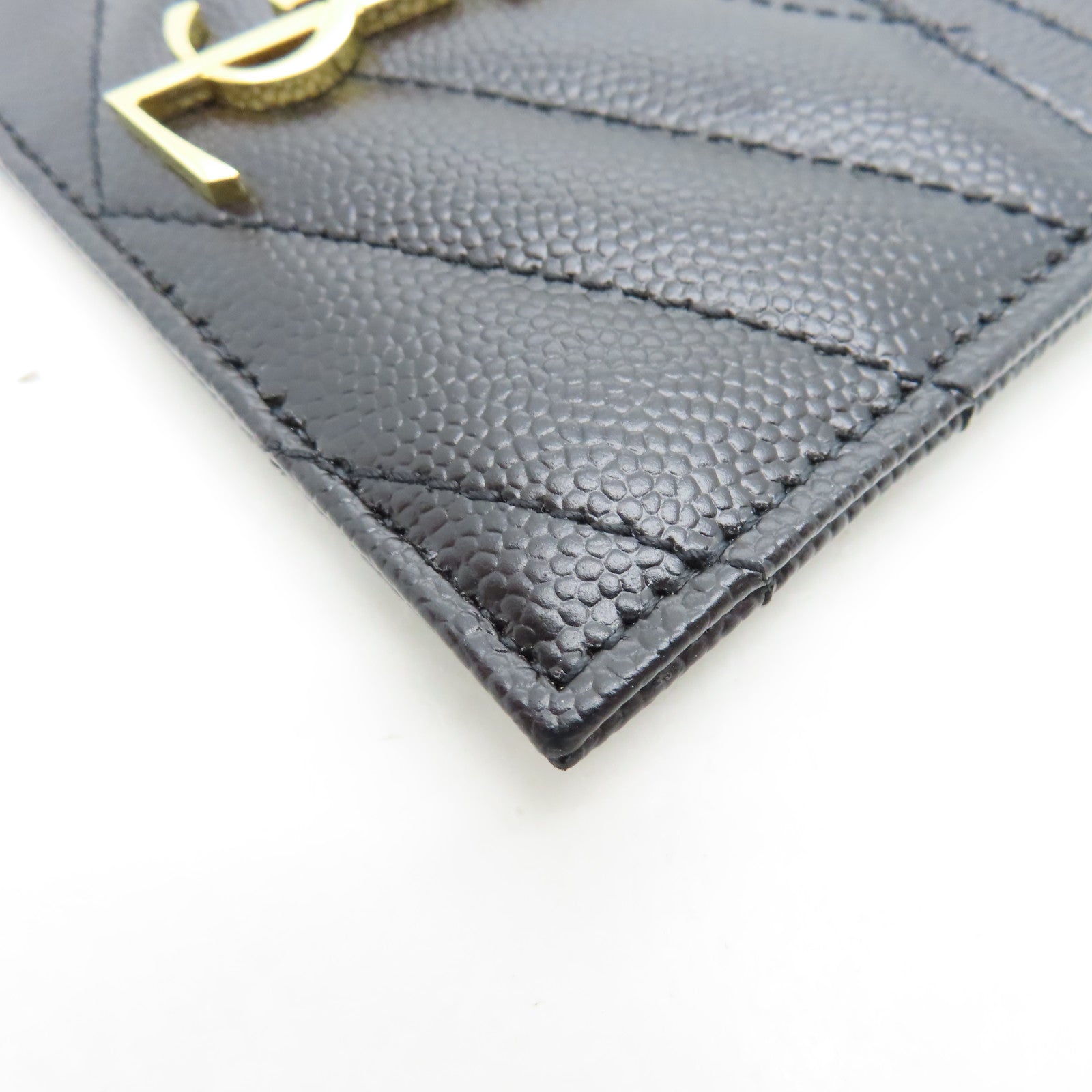 YVES SAINT LAURENT Twill Calfskin Leather Card Case Gold Card Case Black