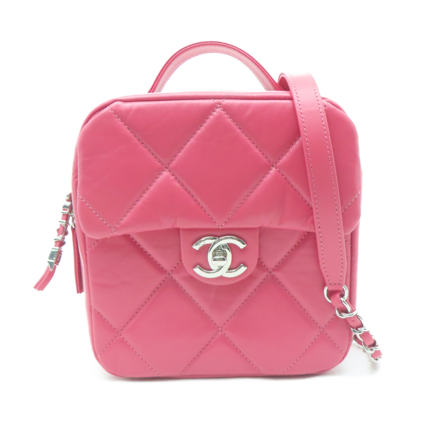 CHANEL 【激減優惠】菱格牛皮皮革Chain Shoulder Bag銀扣手挽肩背兩用袋粉紅色