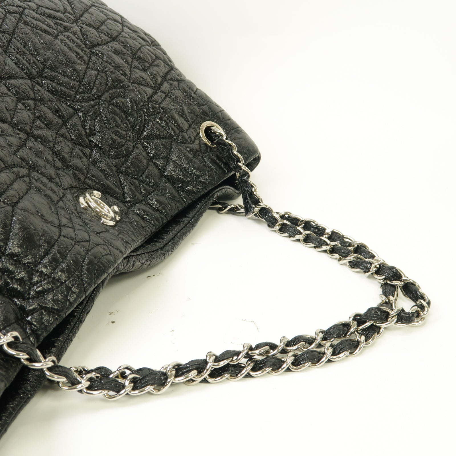 CHANEL 漆皮皮革Chain Shoulder Bag銀扣鏈帶肩背袋黒色
