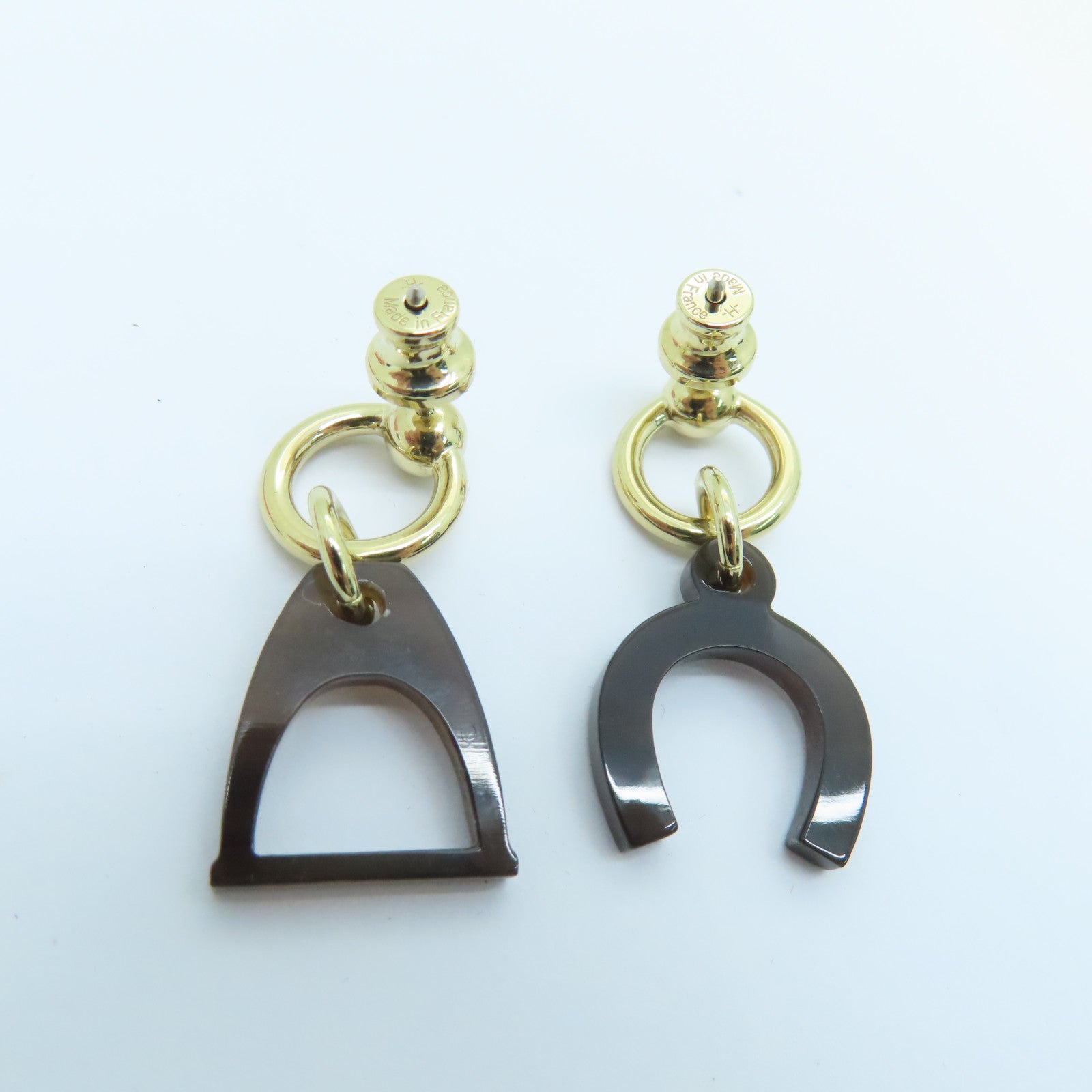 HERMES 水牛角Earrings金扣耳環啡色/黑色