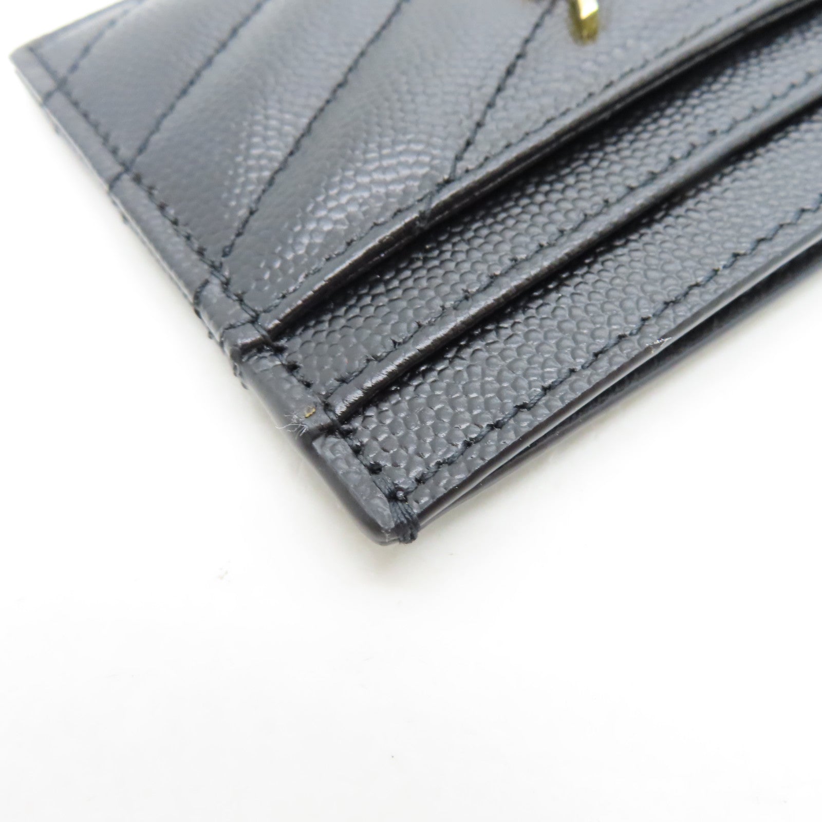 YVES SAINT LAURENT Twill Calfskin Leather Card Case Gold Card Case Black