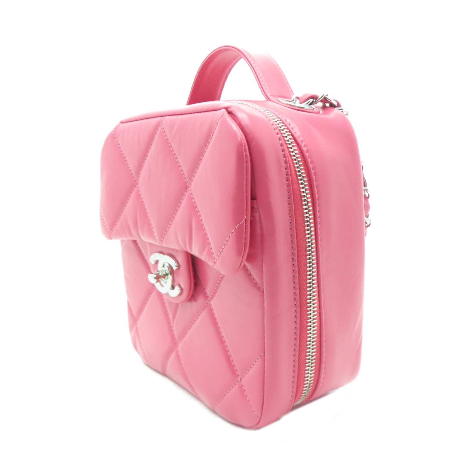 CHANEL 【激減優惠】菱格牛皮皮革Chain Shoulder Bag銀扣手挽肩背兩用袋粉紅色