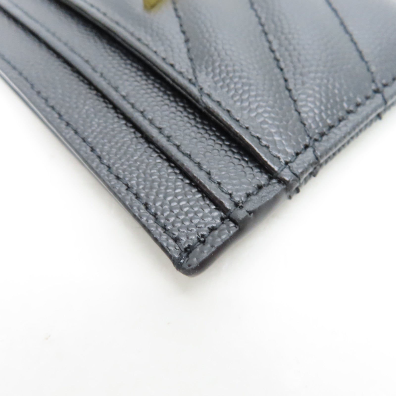 YVES SAINT LAURENT Twill Calfskin Leather Card Case Gold Card Case Black