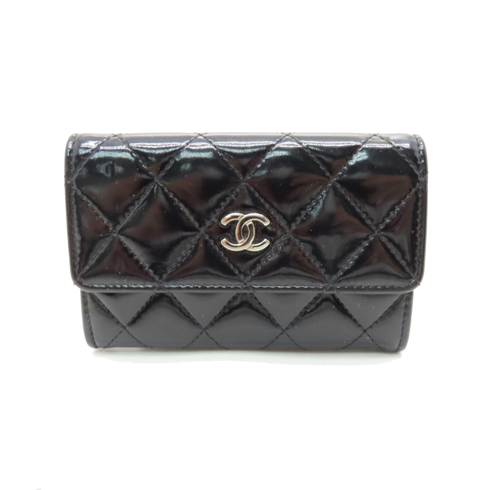 CHANEL Rhombus Patent Leather Card Case Silver Buckle Card Case Black