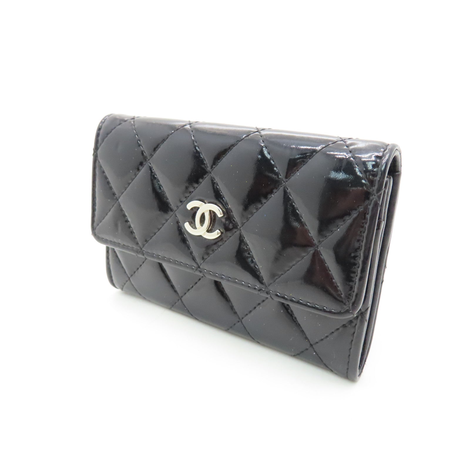 CHANEL Rhombus Patent Leather Card Case Silver Buckle Card Case Black