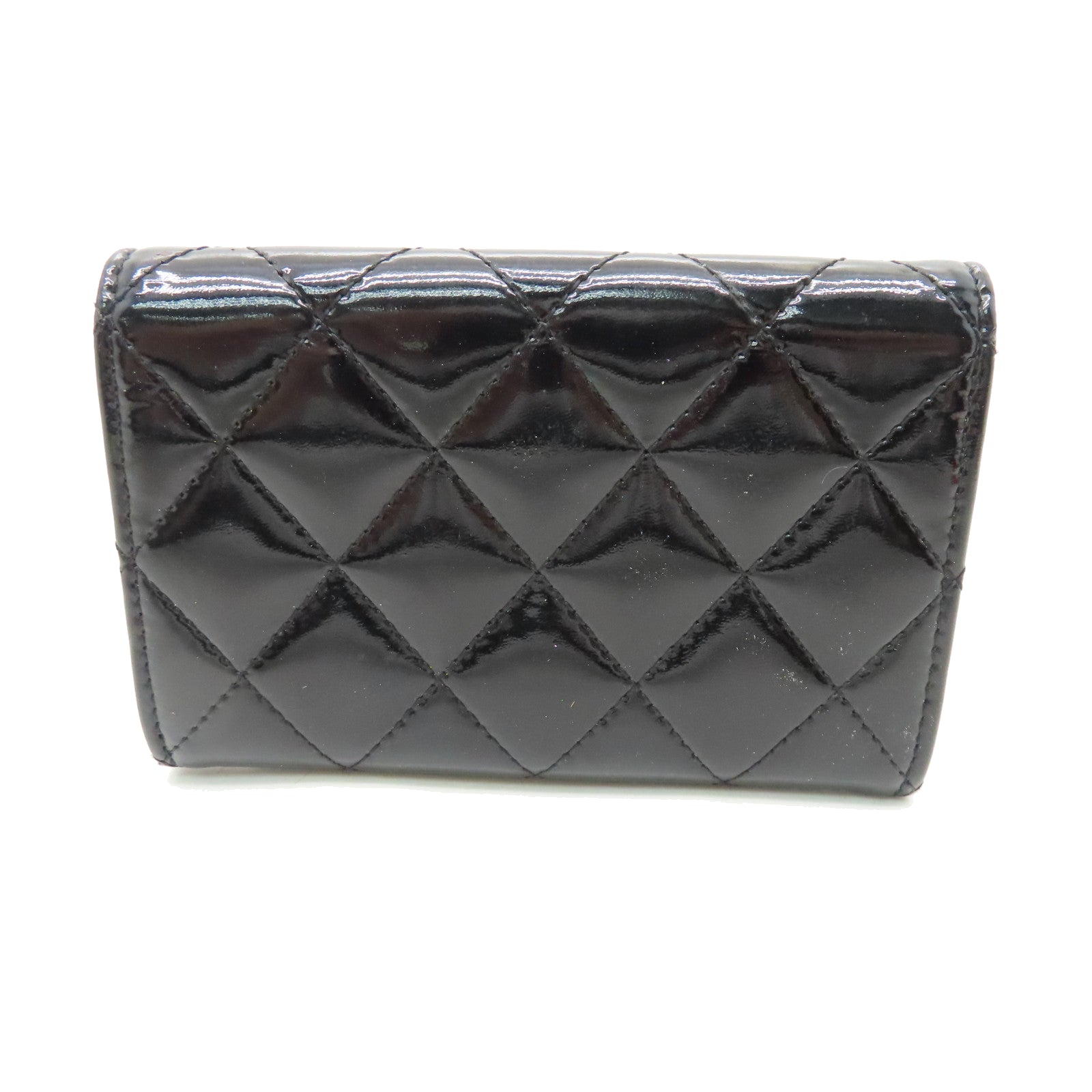 CHANEL Rhombus Patent Leather Card Case Silver Buckle Card Case Black