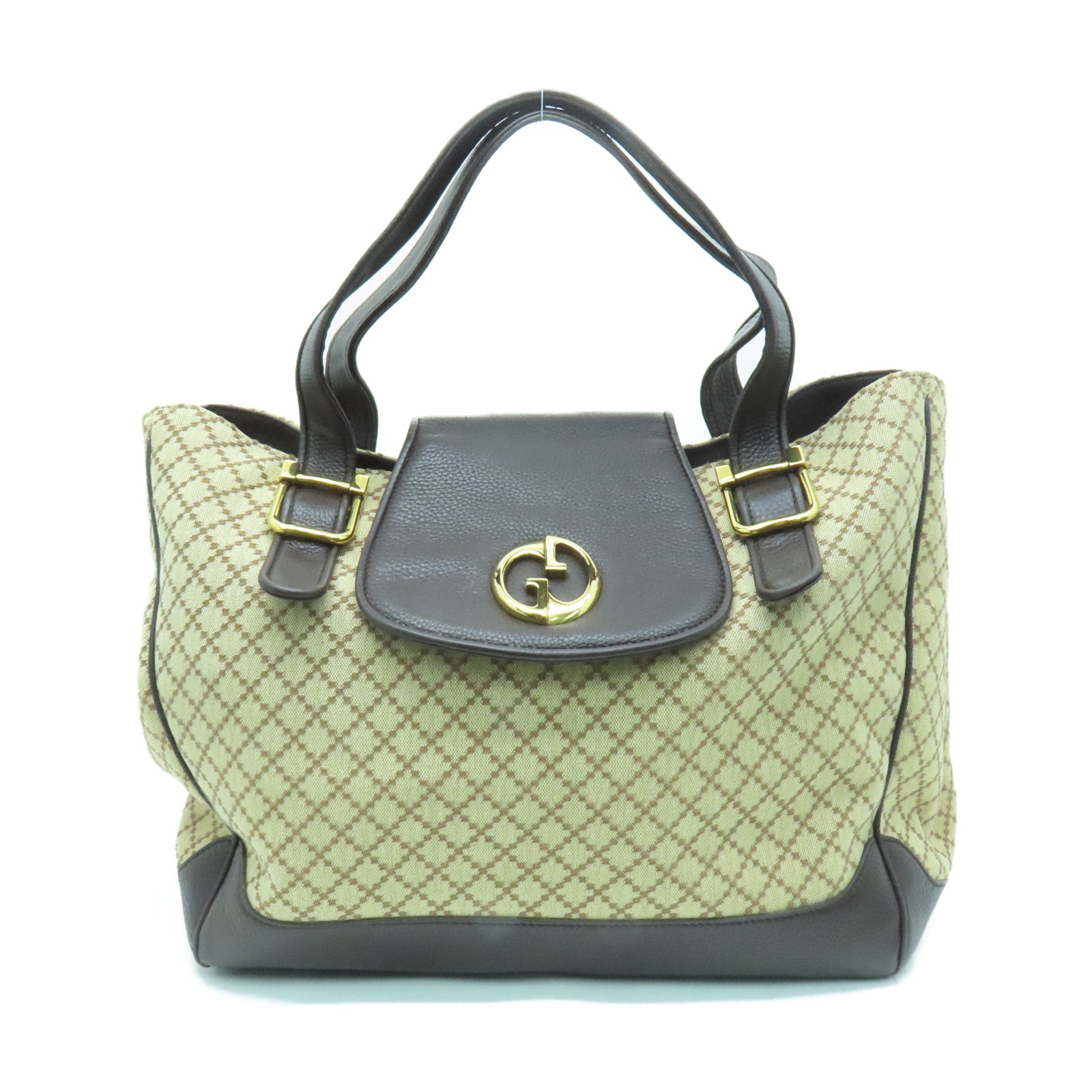 GUCCI Cowhide Leather/Canvas Hand Bag Gold Buckle Hand Bag Brown/Black