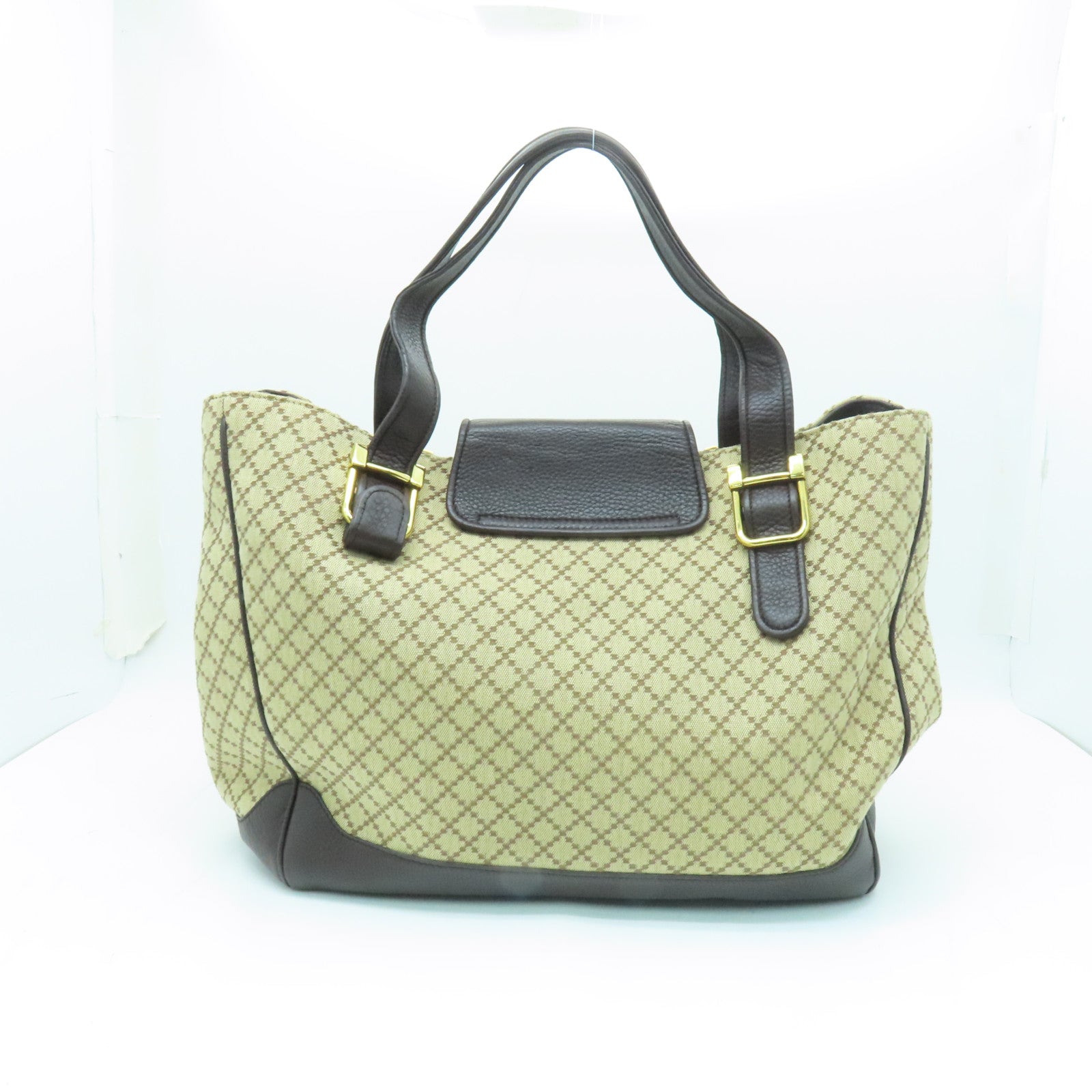 GUCCI Cowhide Leather/Canvas Hand Bag Gold Buckle Hand Bag Brown/Black