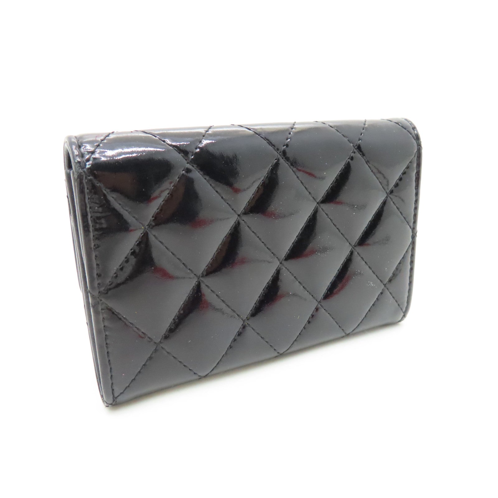 CHANEL Rhombus Patent Leather Card Case Silver Buckle Card Case Black