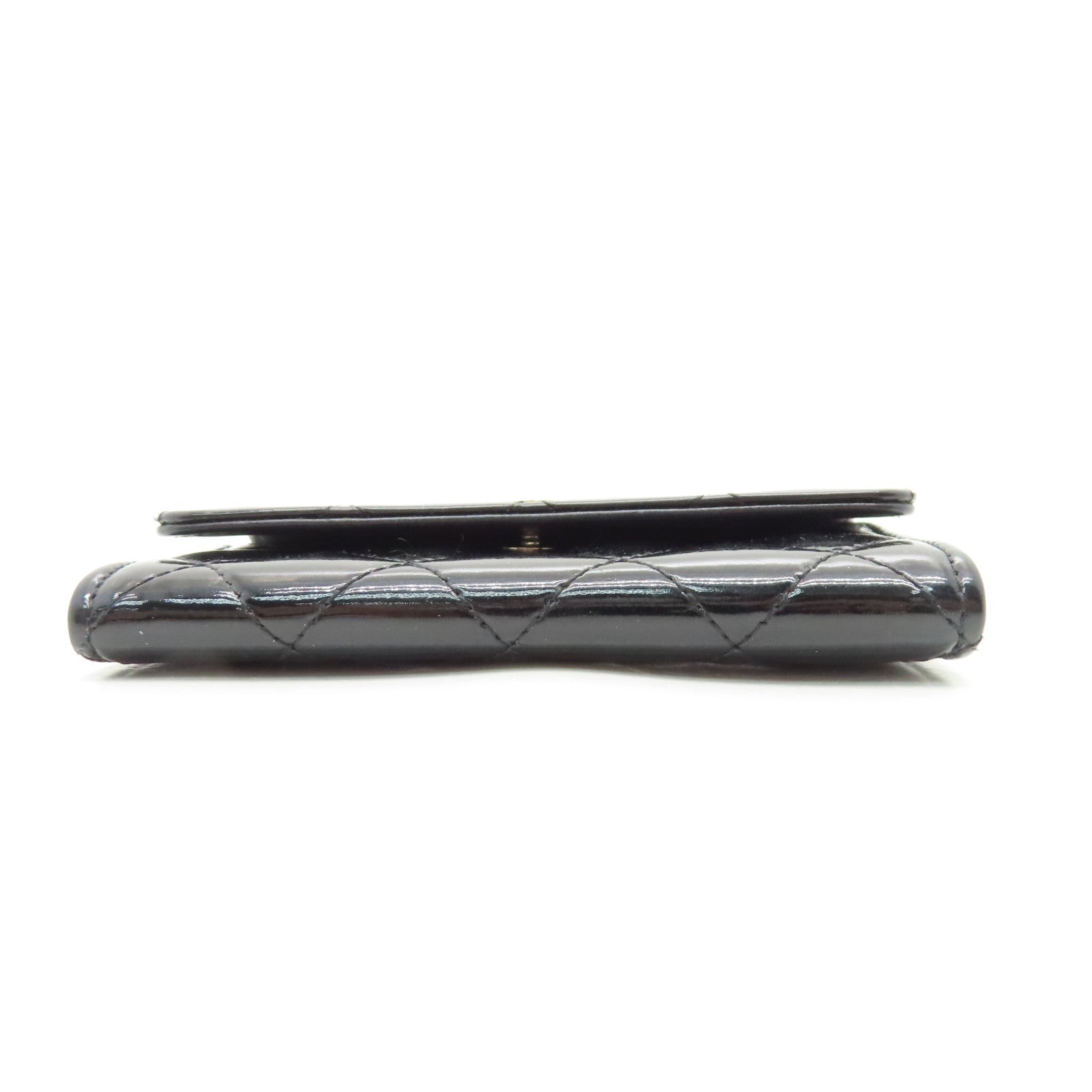 CHANEL Rhombus Patent Leather Card Case Silver Buckle Card Case Black