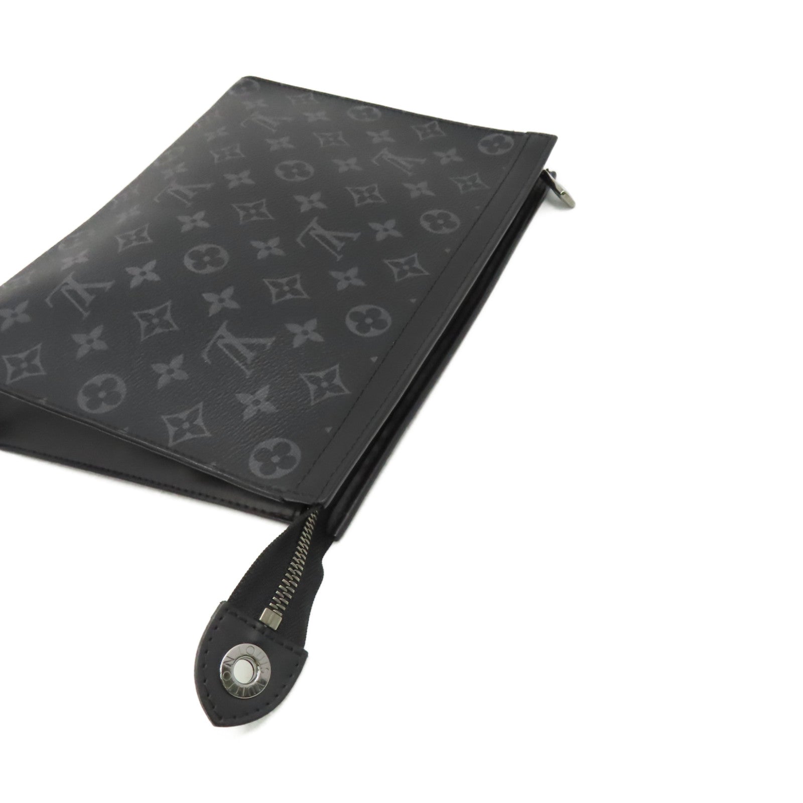 LOUIS VUITTON Monogram Eclipse Pochette Voyage MM Clutch銀扣手拿包黑色