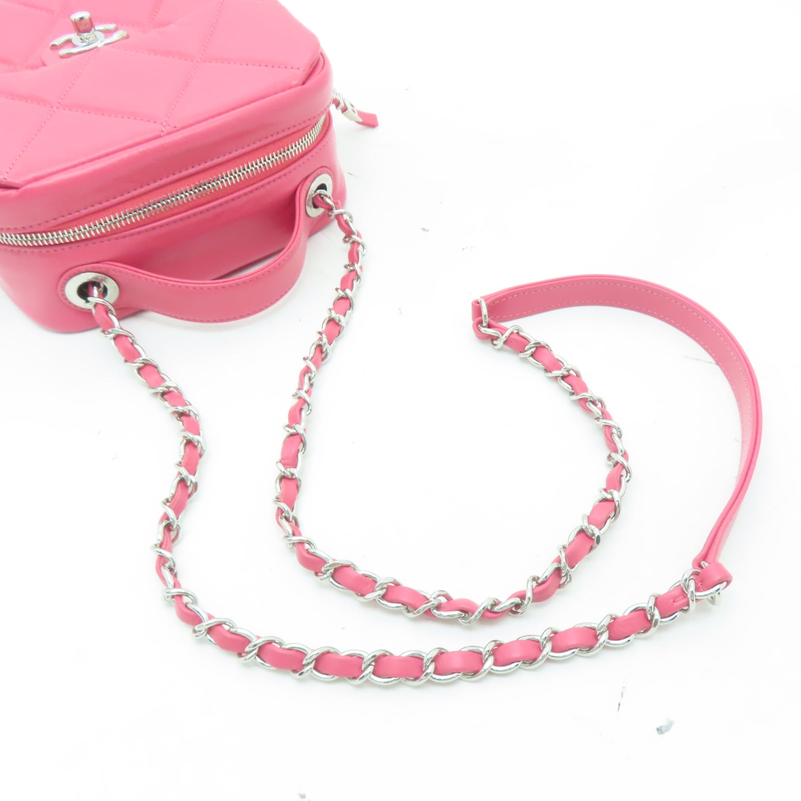 CHANEL 【激減優惠】菱格牛皮皮革Chain Shoulder Bag銀扣手挽肩背兩用袋粉紅色