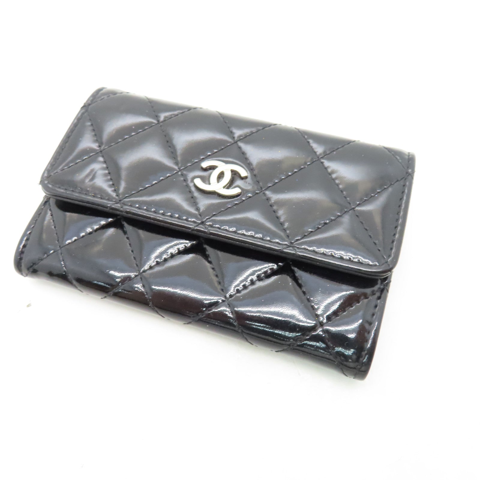 CHANEL Rhombus Patent Leather Card Case Silver Buckle Card Case Black