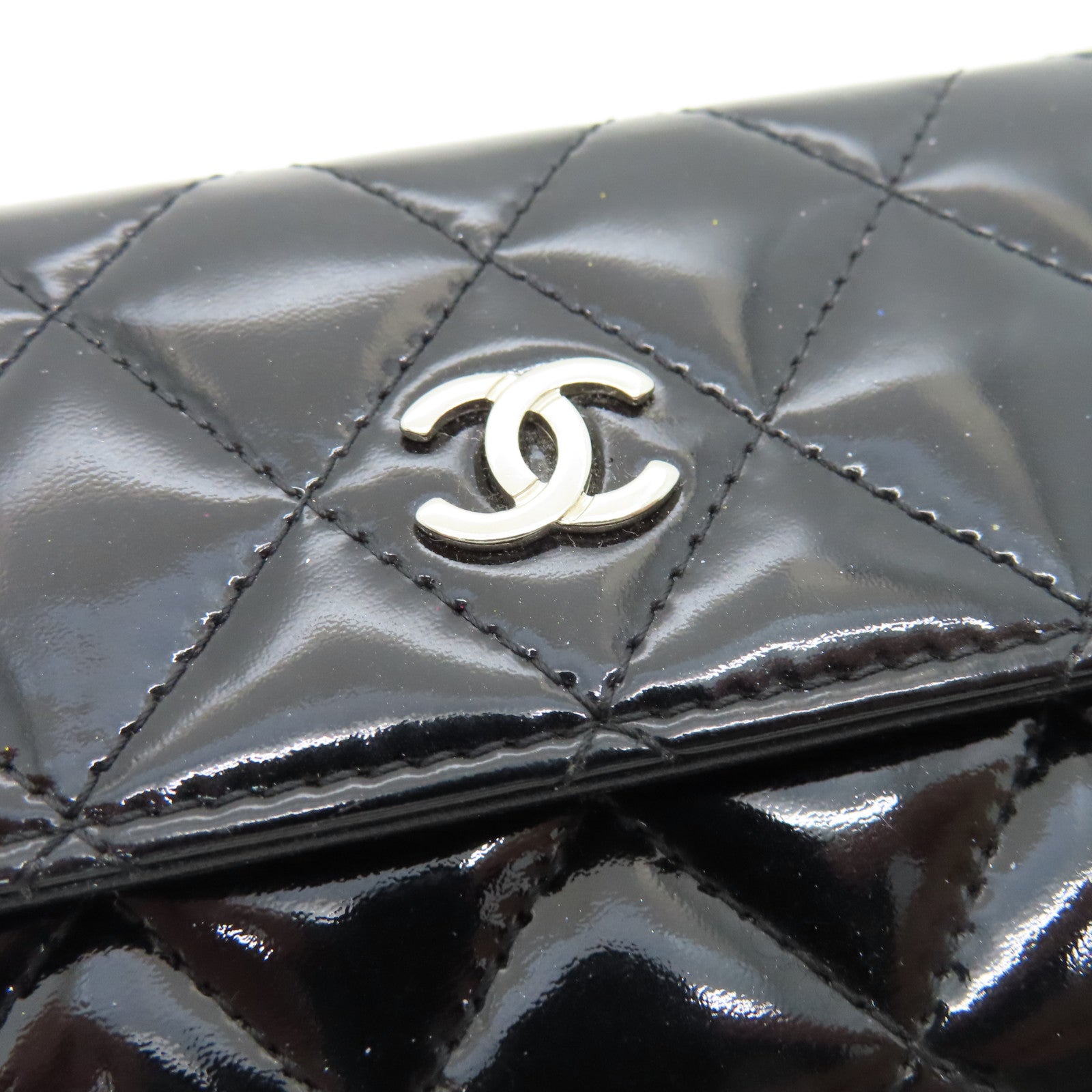 CHANEL Rhombus Patent Leather Card Case Silver Buckle Card Case Black