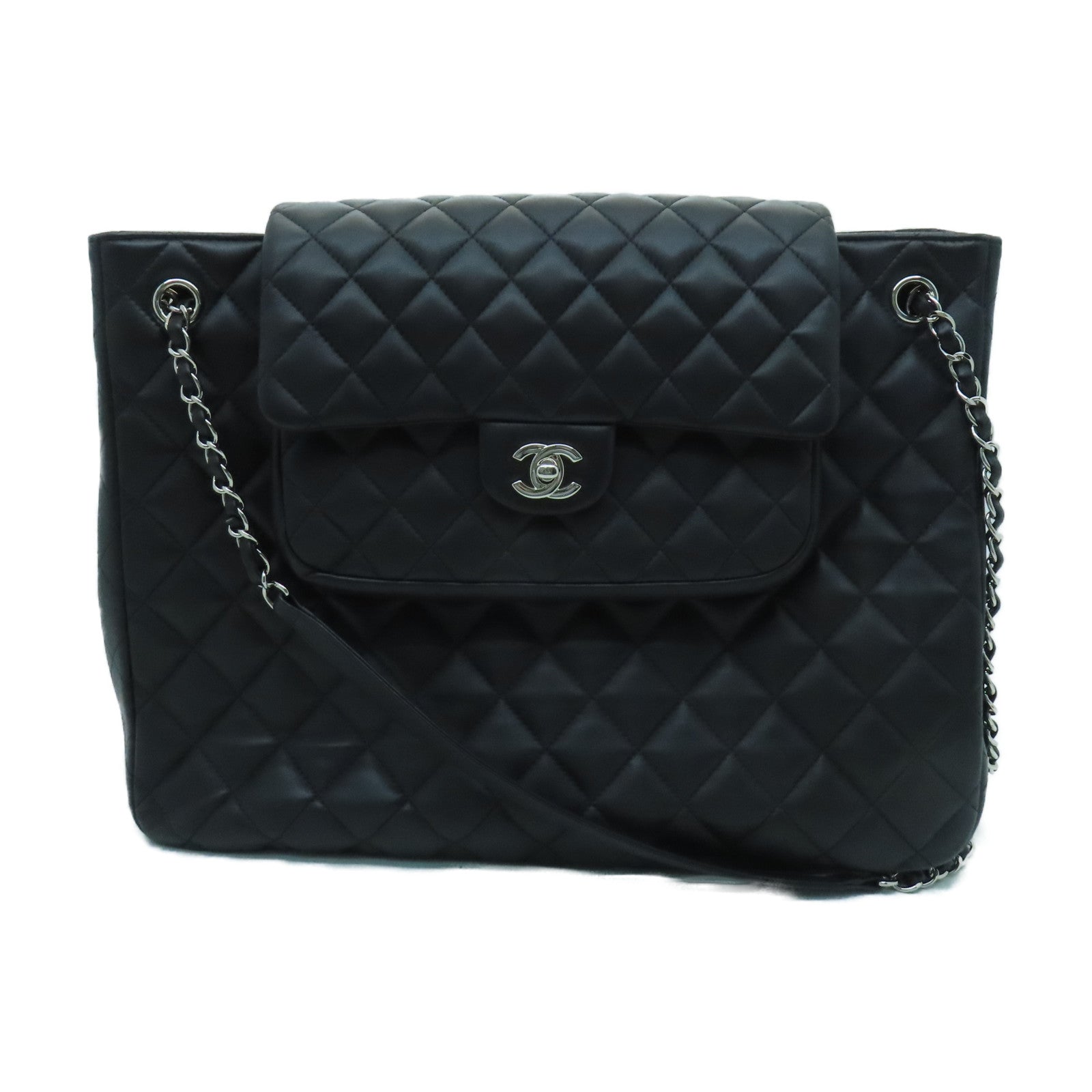 CHANEL 菱格羊皮皮革Totebag銀扣鏈帶肩背袋黑色