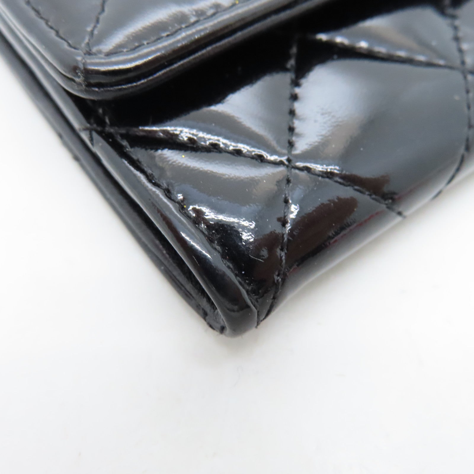 CHANEL Rhombus Patent Leather Card Case Silver Buckle Card Case Black