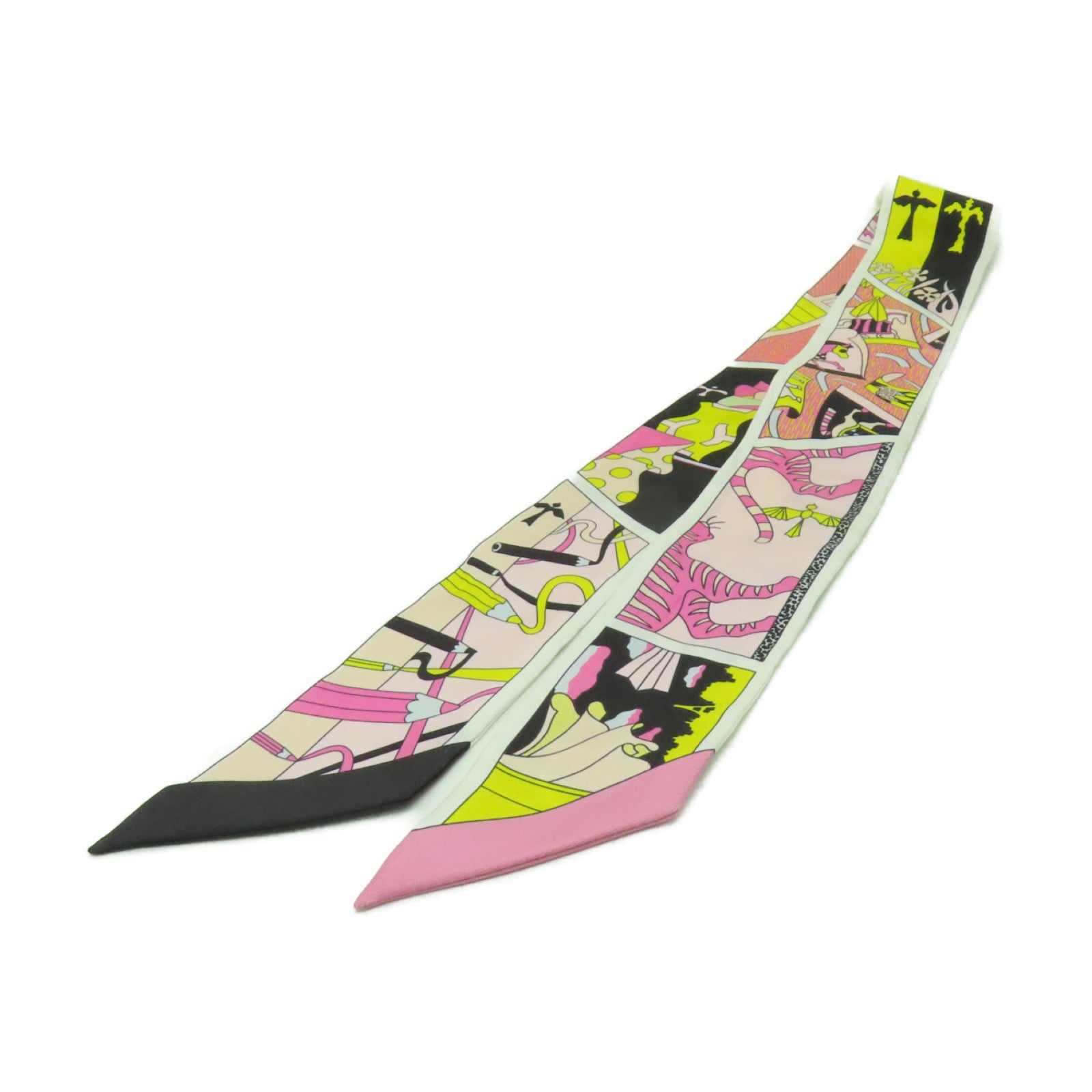 HERMES 絲質Twilly絲巾粉紅色/黃色/黑色