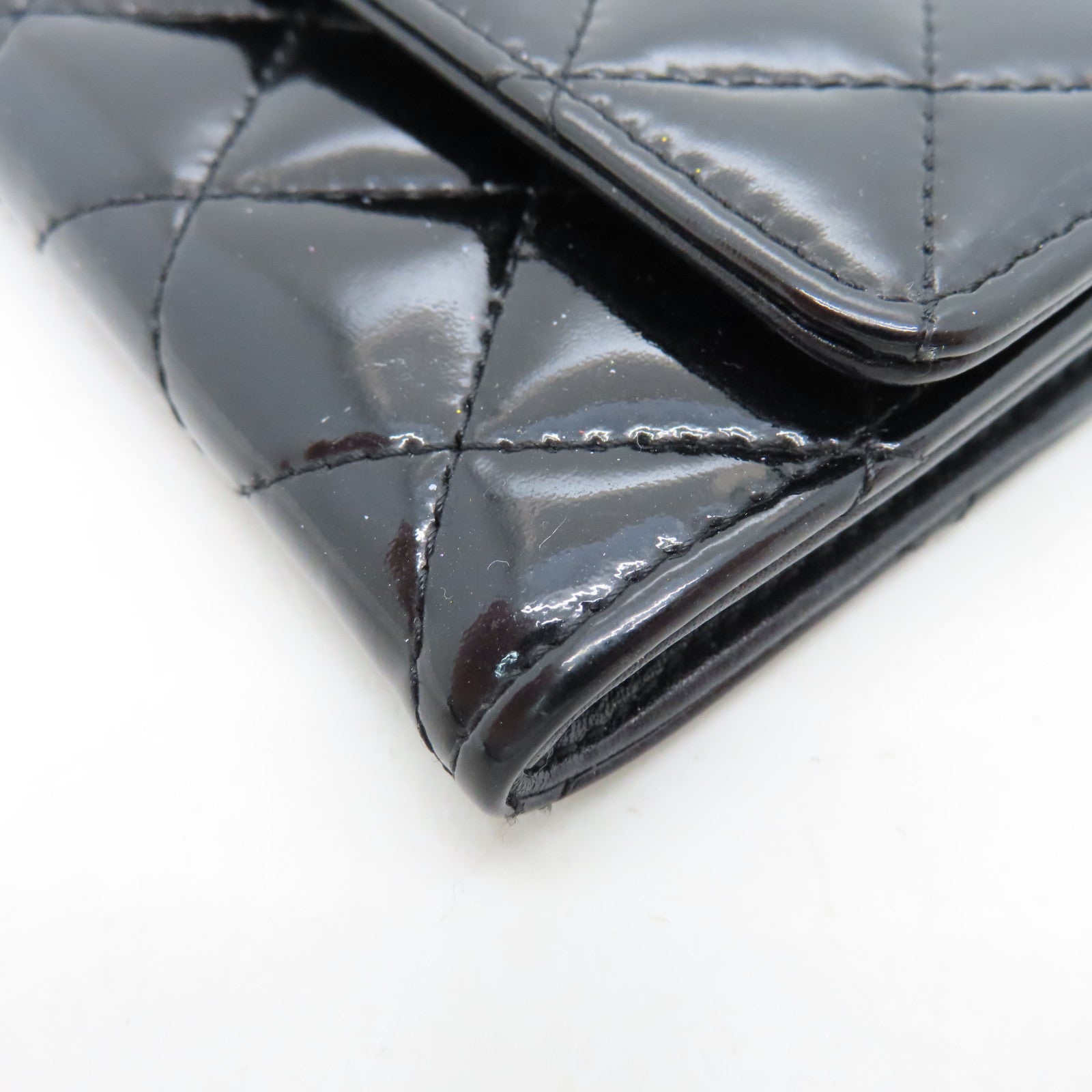 CHANEL Rhombus Patent Leather Card Case Silver Buckle Card Case Black