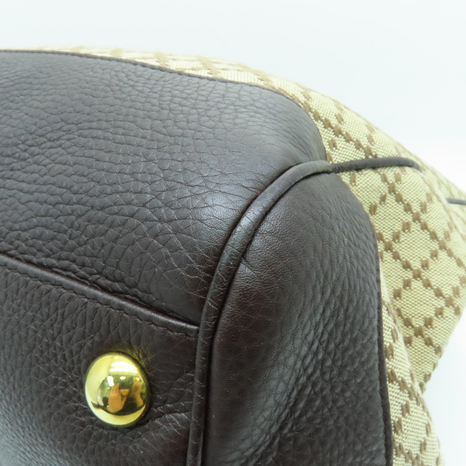 GUCCI Cowhide Leather/Canvas Hand Bag Gold Buckle Hand Bag Brown/Black