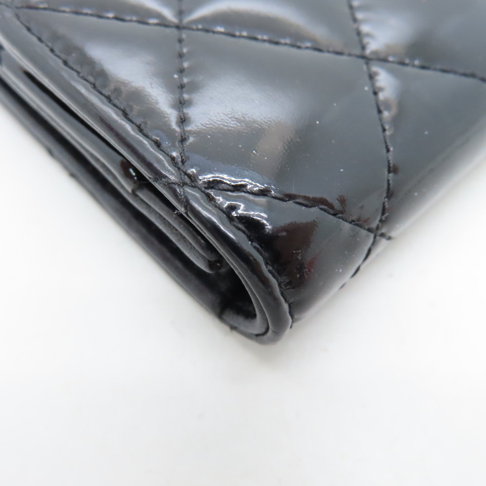 CHANEL Rhombus Patent Leather Card Case Silver Buckle Card Case Black