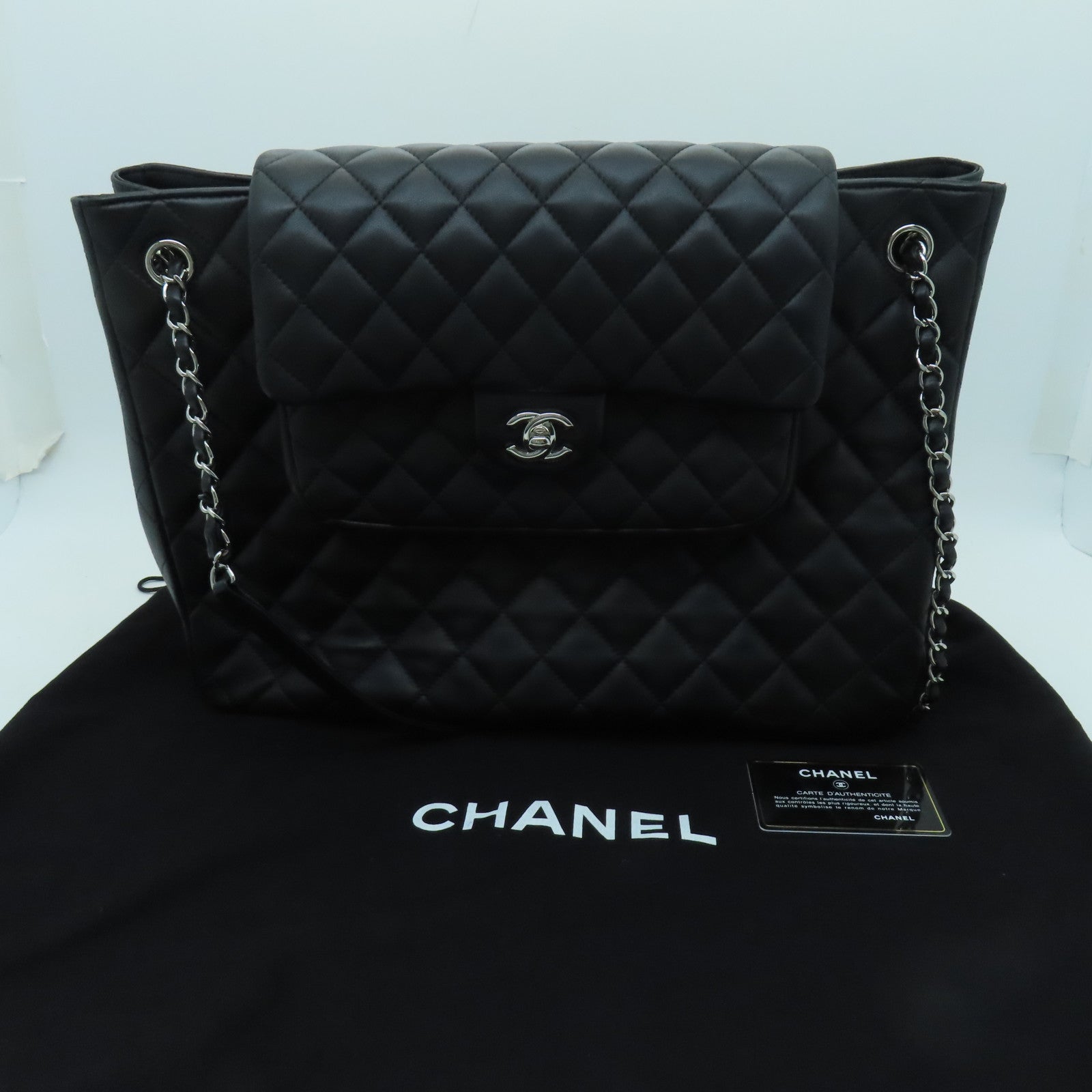 CHANEL 菱格羊皮皮革Totebag銀扣鏈帶肩背袋黑色