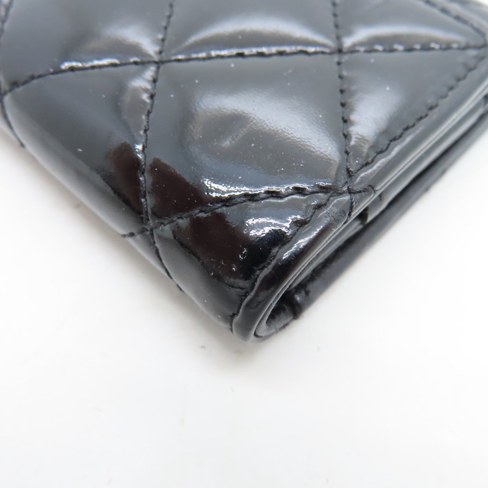 CHANEL Rhombus Patent Leather Card Case Silver Buckle Card Case Black